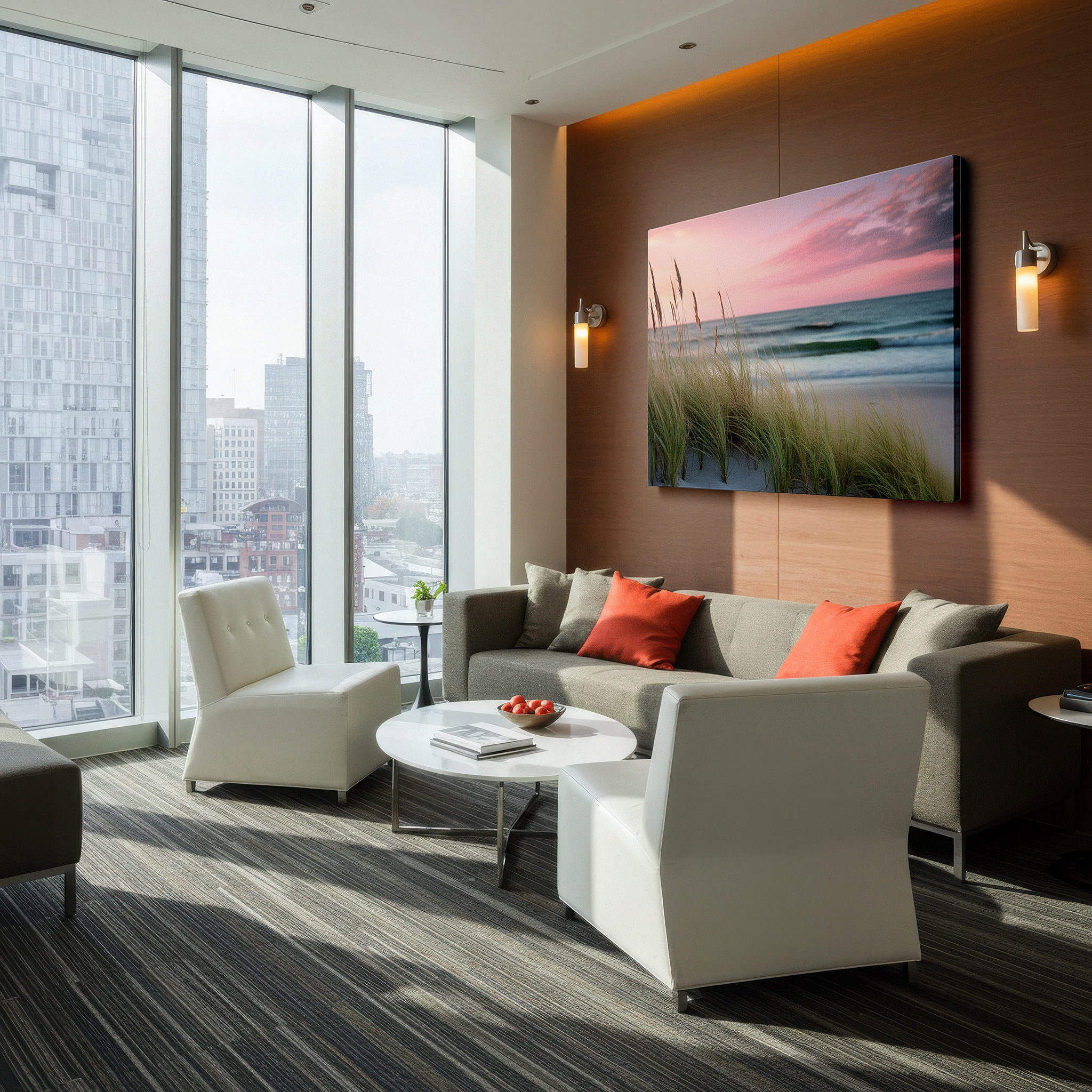 Presented on a clean white gallery wall with ample space — serene coastal evening wall art featuring sunset hues and swaying grasses, perfect for office, bedroom, or living room decor