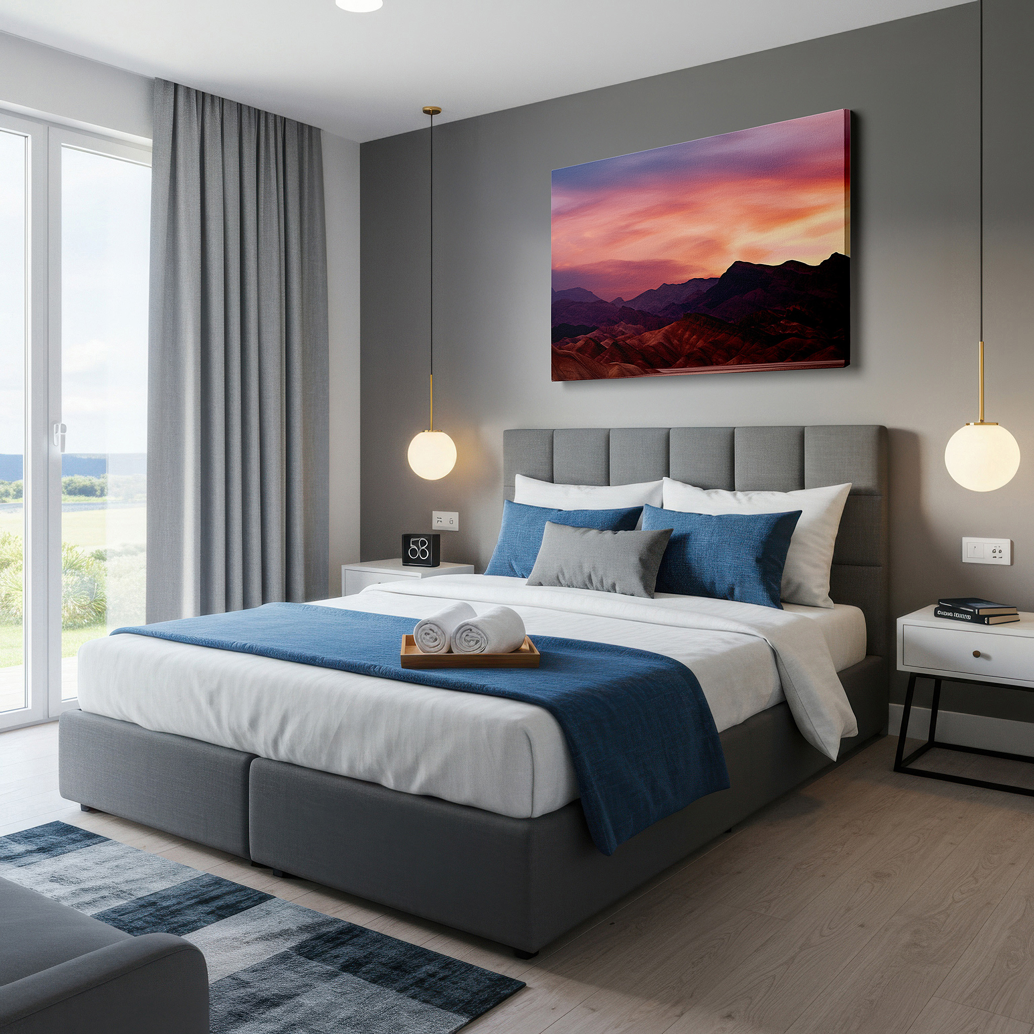 Presented on a clean white gallery wall with ample space — serene desert dusk: majestic mountains with vibrant sky - large canvas wall art for office, bedroom, and living room decor