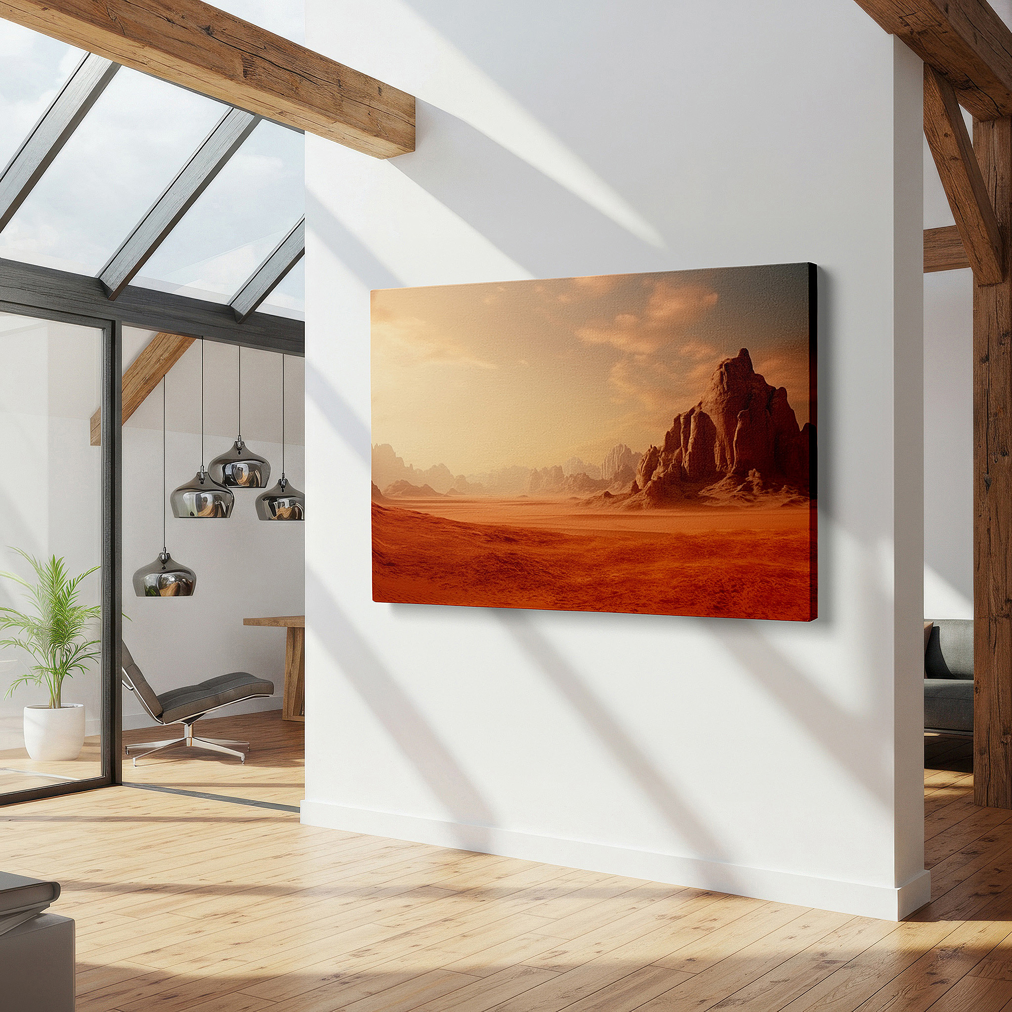 Presented on a clean white gallery wall with ample space — serene desert scene with grand rock structures and earthy tones - large canvas wall art for office and bedroom decor