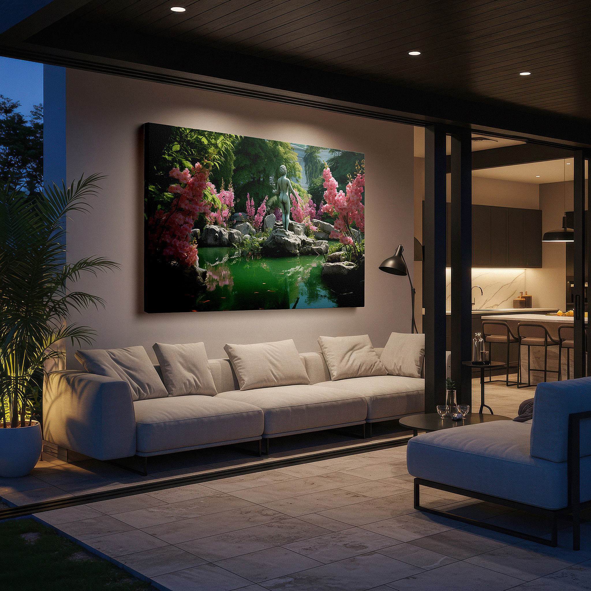 Presented on a clean white gallery wall with ample space — serene garden oasis canvas wall art featuring a pond, graceful statue, and vivid pink flowers - ideal for office or bedroom decor