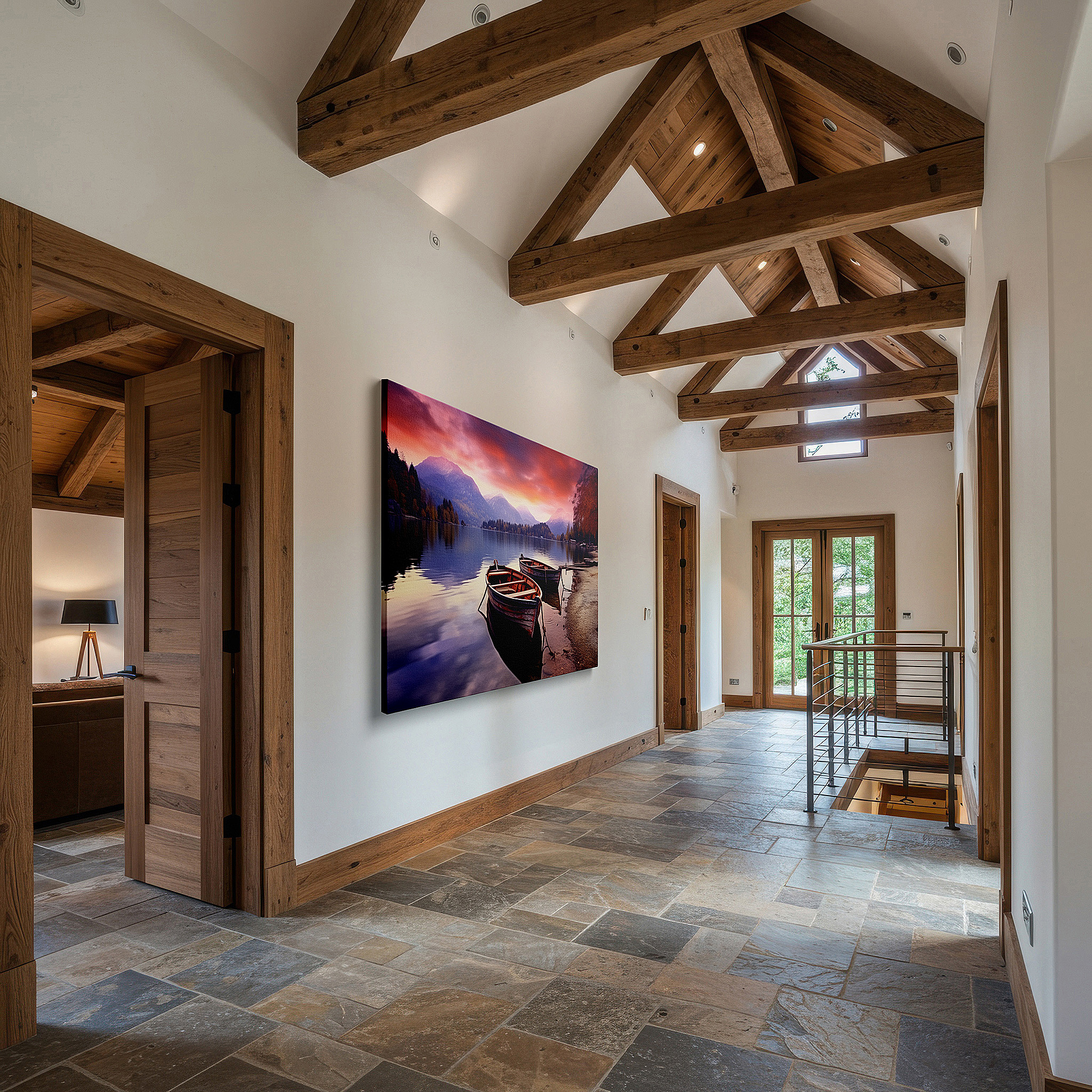 Presented on a clean white gallery wall with ample space — serene lakeside sunset featuring rowboats and stunning mountain reflections - large canvas wall art for office and bedroom decor