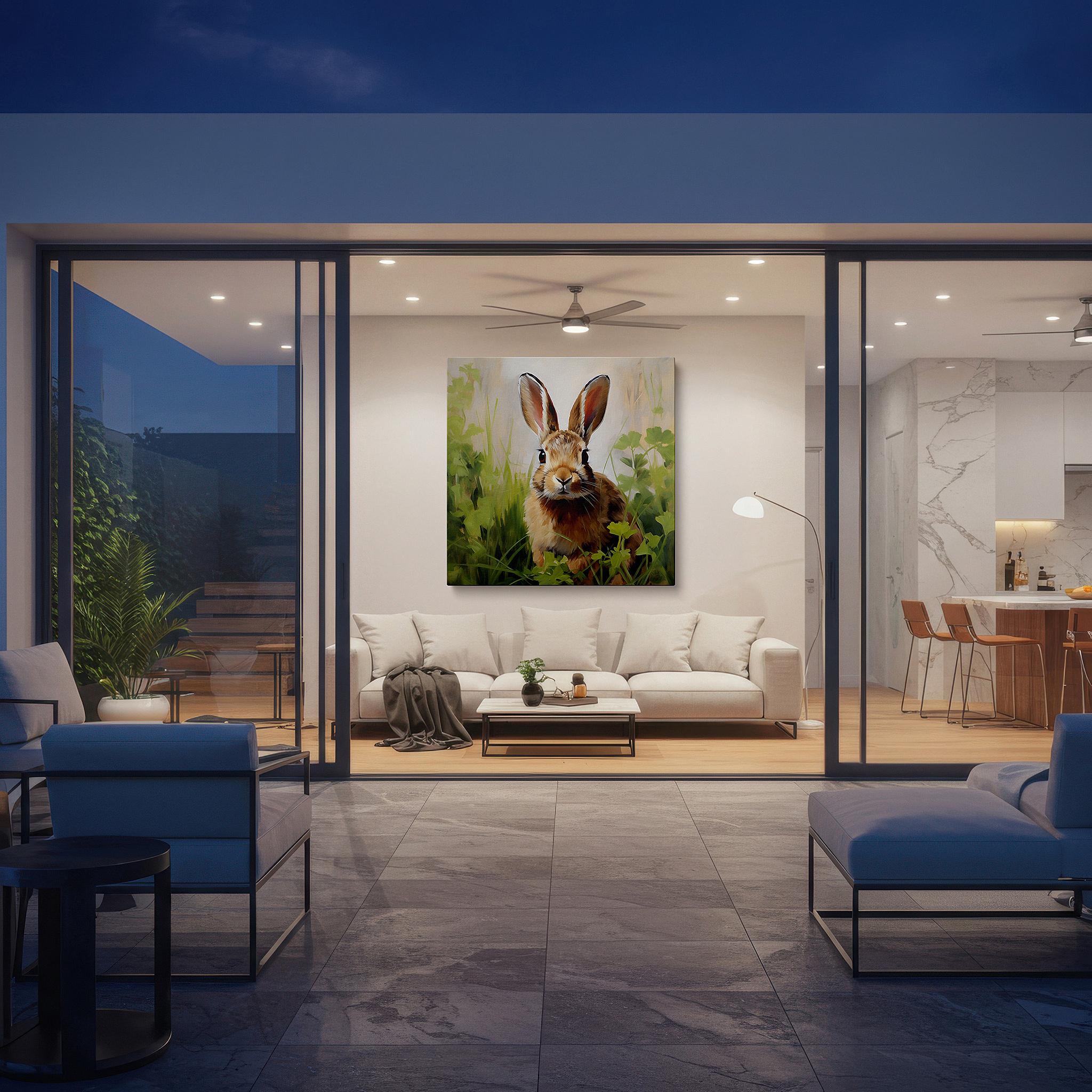 Presented on a clean white gallery wall with ample space — serene rabbit in lush greenery: a vivid glimpse into the peaceful world of wildlife - large canvas wall art for home and office decor