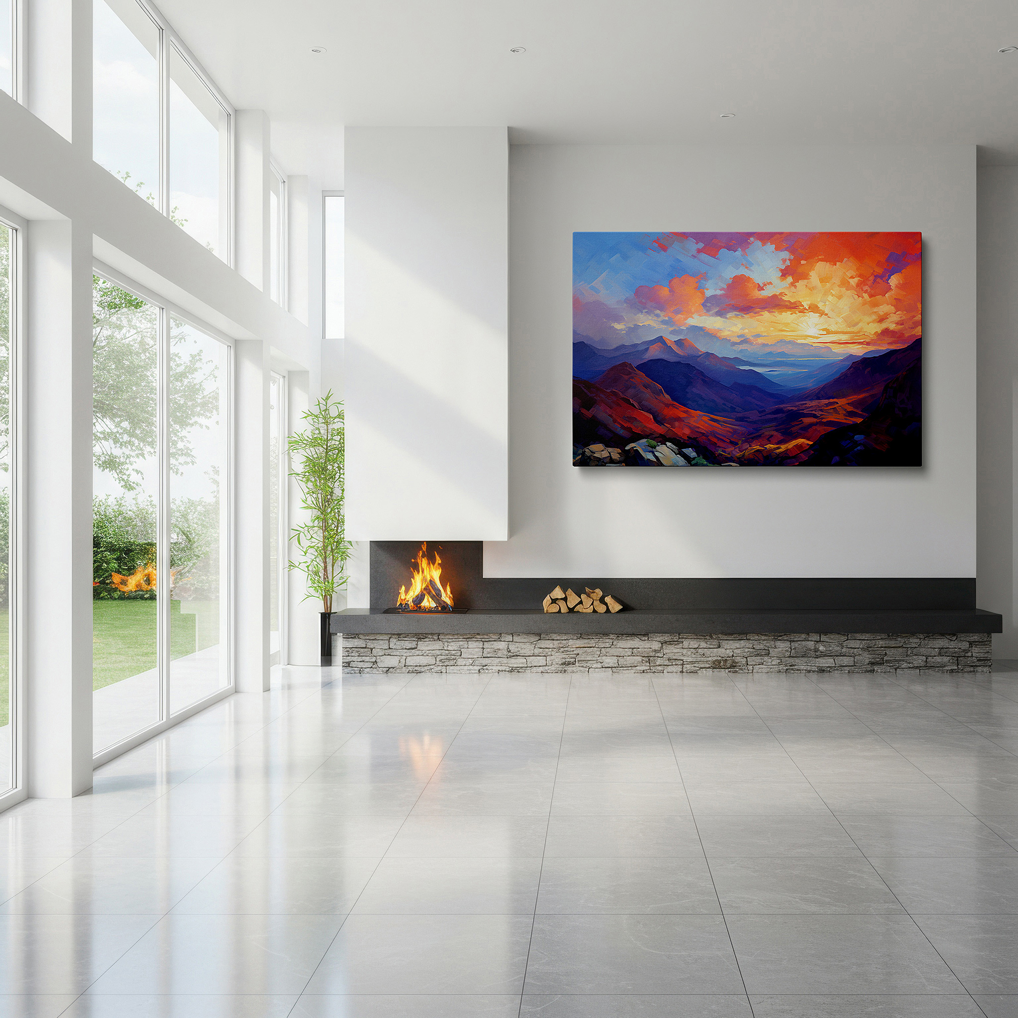 Presented on a clean white gallery wall with ample space — serene valley sunrise: tranquil and dynamic nature scene large canvas wall art for office and bedroom decor