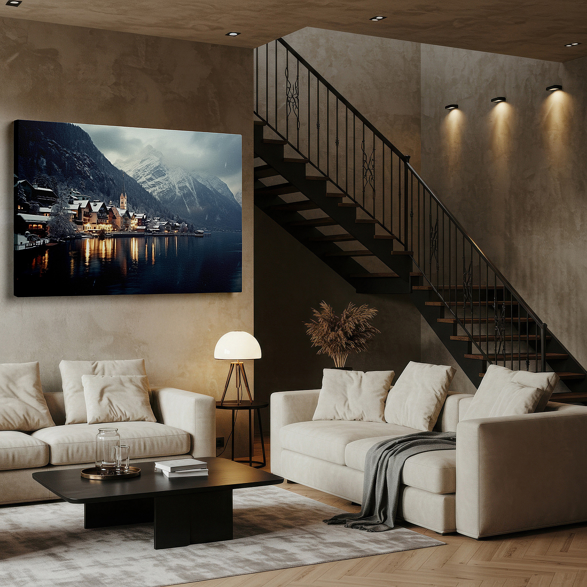 Presented on a clean white gallery wall with ample space — serene winter village canvas wall art featuring snow-capped mountains, twilight sky, and lake reflection - ideal for office wall decor