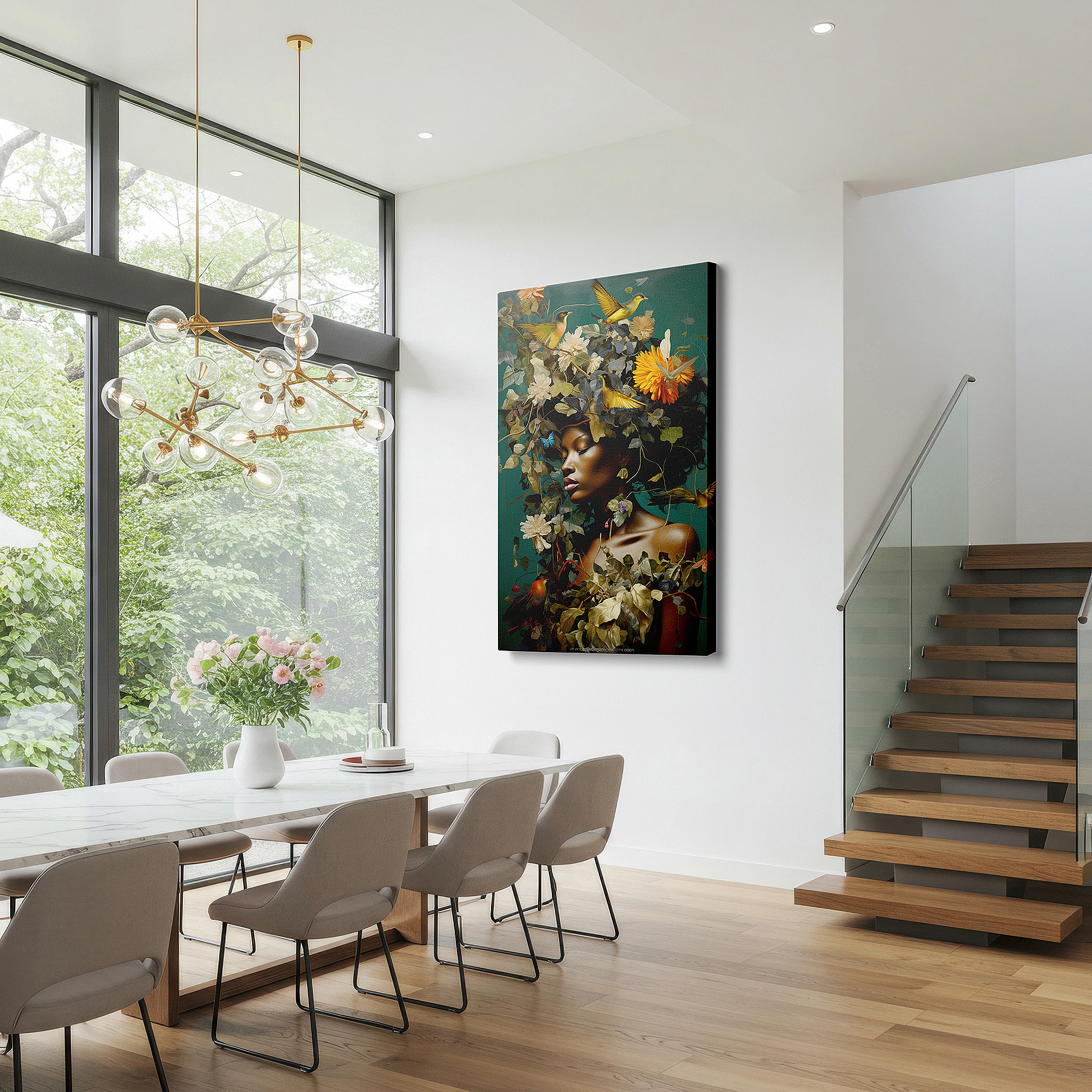 Presented on a clean white gallery wall with ample space — serene woman with floral crown and birds: a symphony of nature and humanity - large canvas wall art for home and office decor