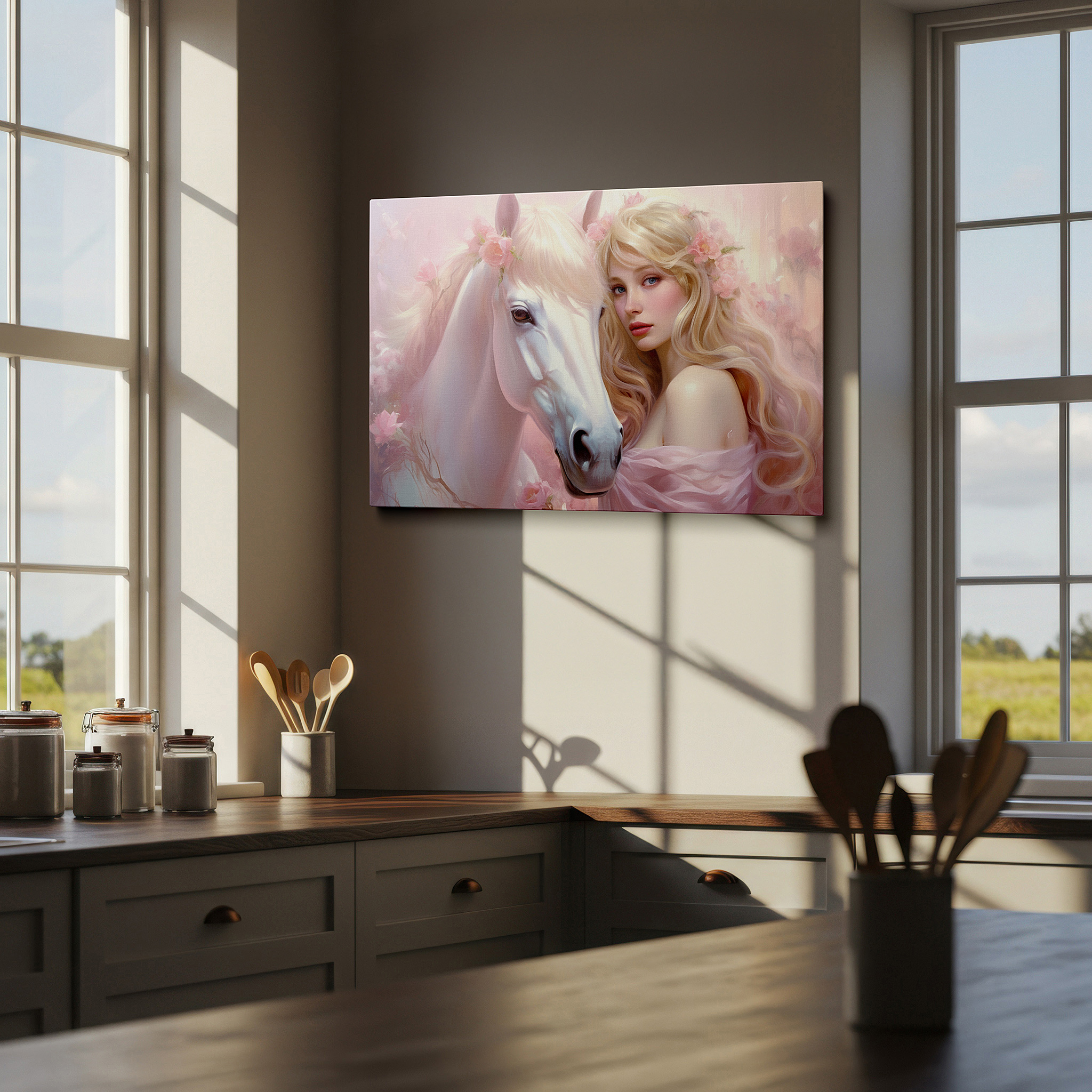 Presented on a clean white gallery wall with ample space — serene woman with majestic white horse in a dreamy pastel landscape - large canvas wall art for office and bedroom decor