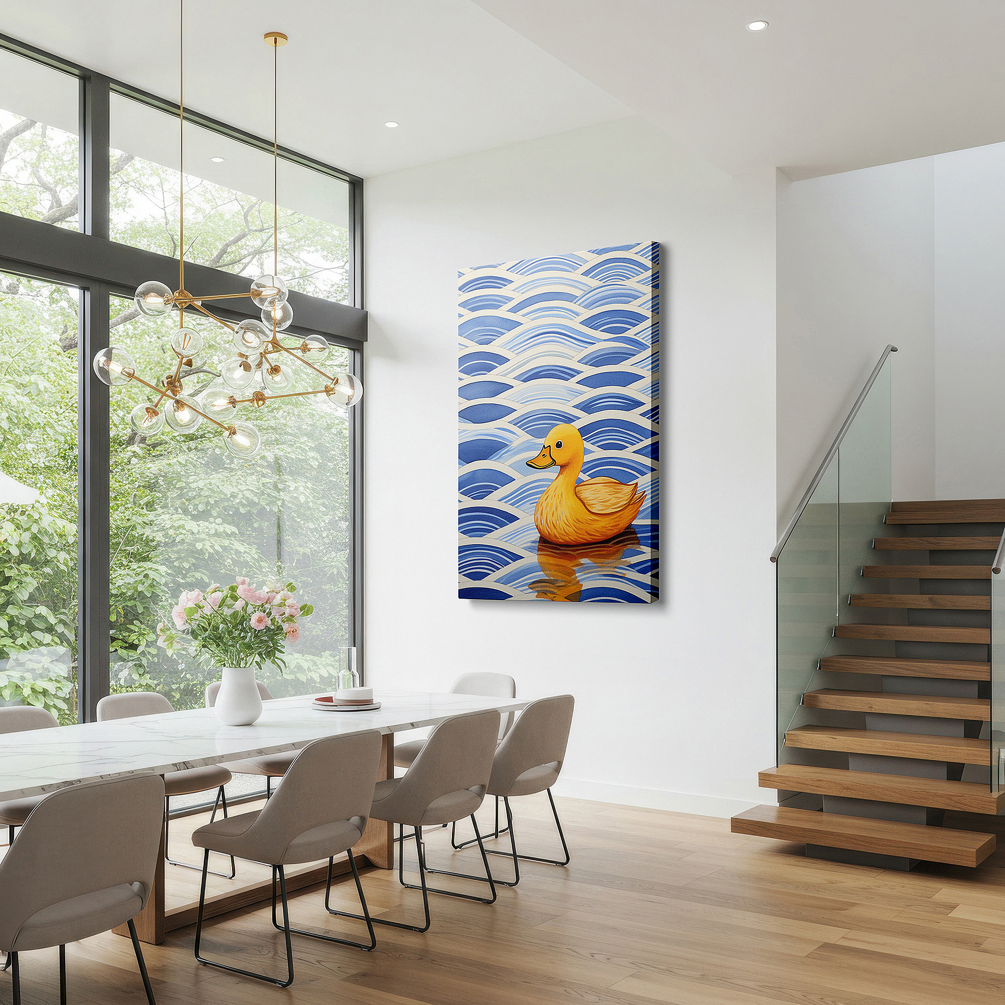 Presented on a clean white gallery wall with ample space — serene yellow duck on peaceful blue waters, emblem of joy and serenity, large canvas wall art for home and office decor