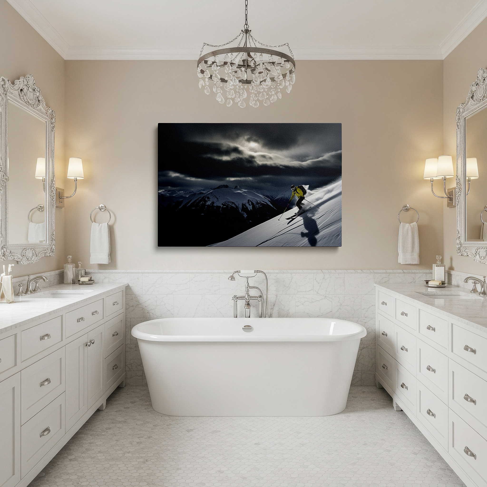 Presented on a clean white gallery wall with ample space — skier in action with majestic mountains and dramatic skies: large canvas wall art for office, bedroom, and living room decor