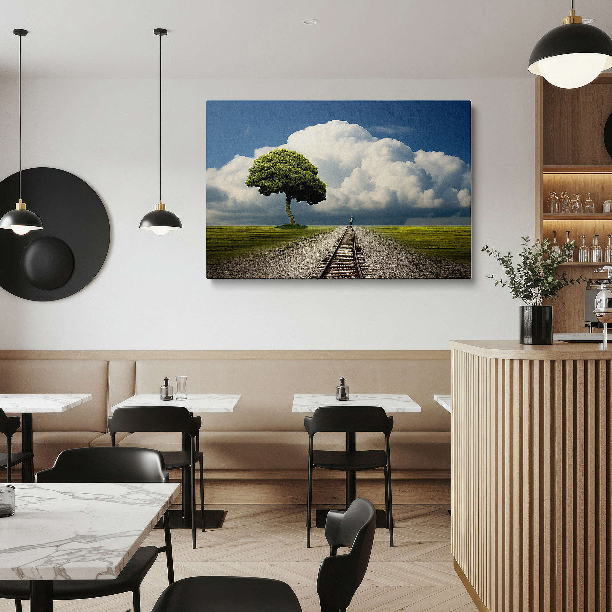 Presented on a clean white gallery wall with ample space — solitary tree and train tracks wall art: a symbol of resilience and reflection - large canvas for home and office decor, ideal for living room and bedroom
