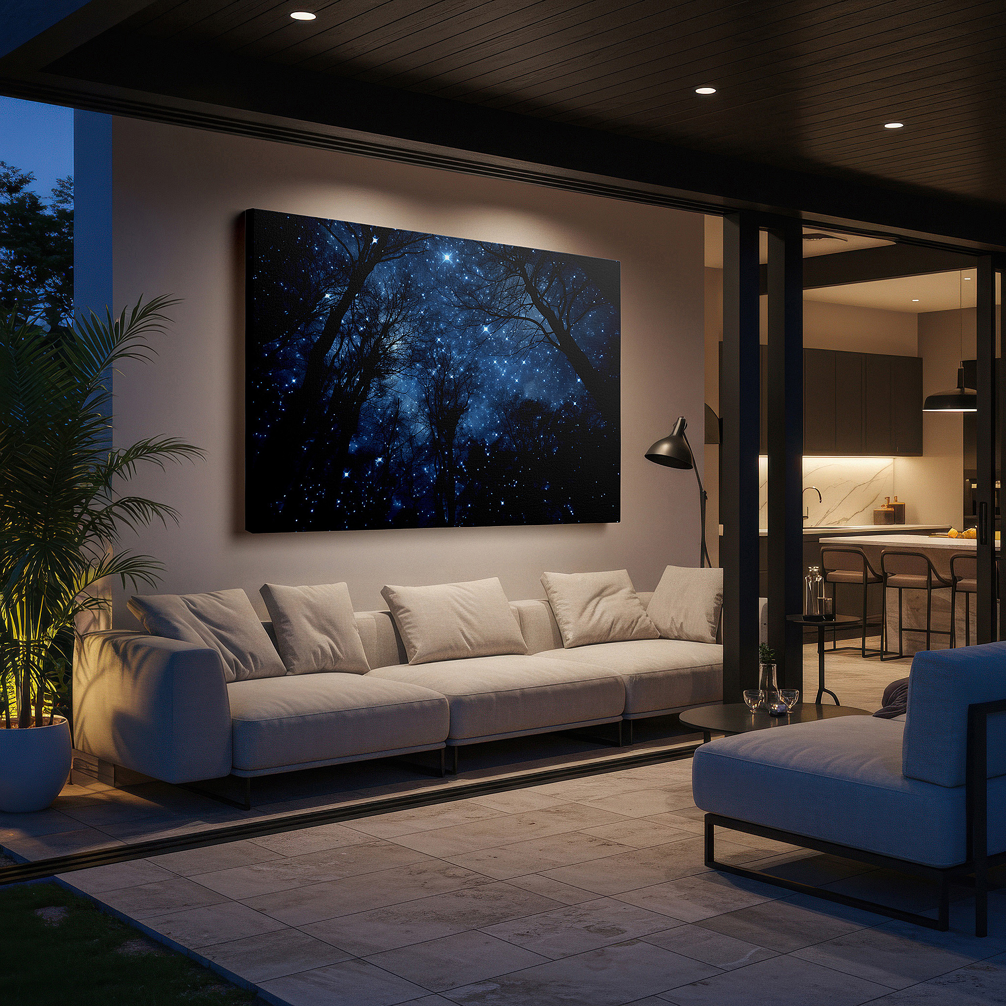 Presented on a clean white gallery wall with ample space — starry night sky and enigmatic forest wall art: large canvas featuring a tranquil realm with twinkling stars and mystical lights, ideal for office decor