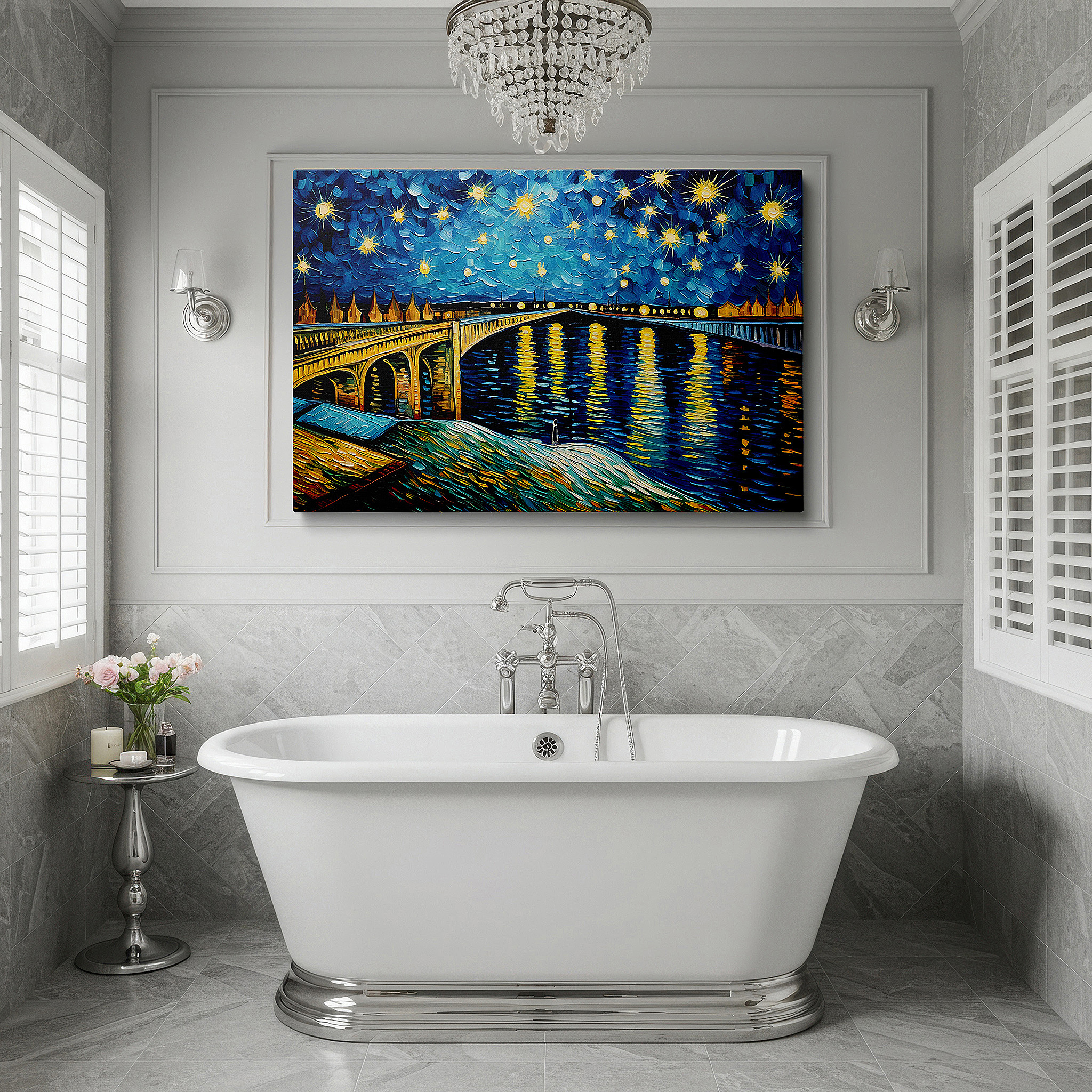 Presented on a clean white gallery wall with ample space — starry night over tranquil river with golden bridge lights - large canvas wall art for office, bedroom, and living room decor