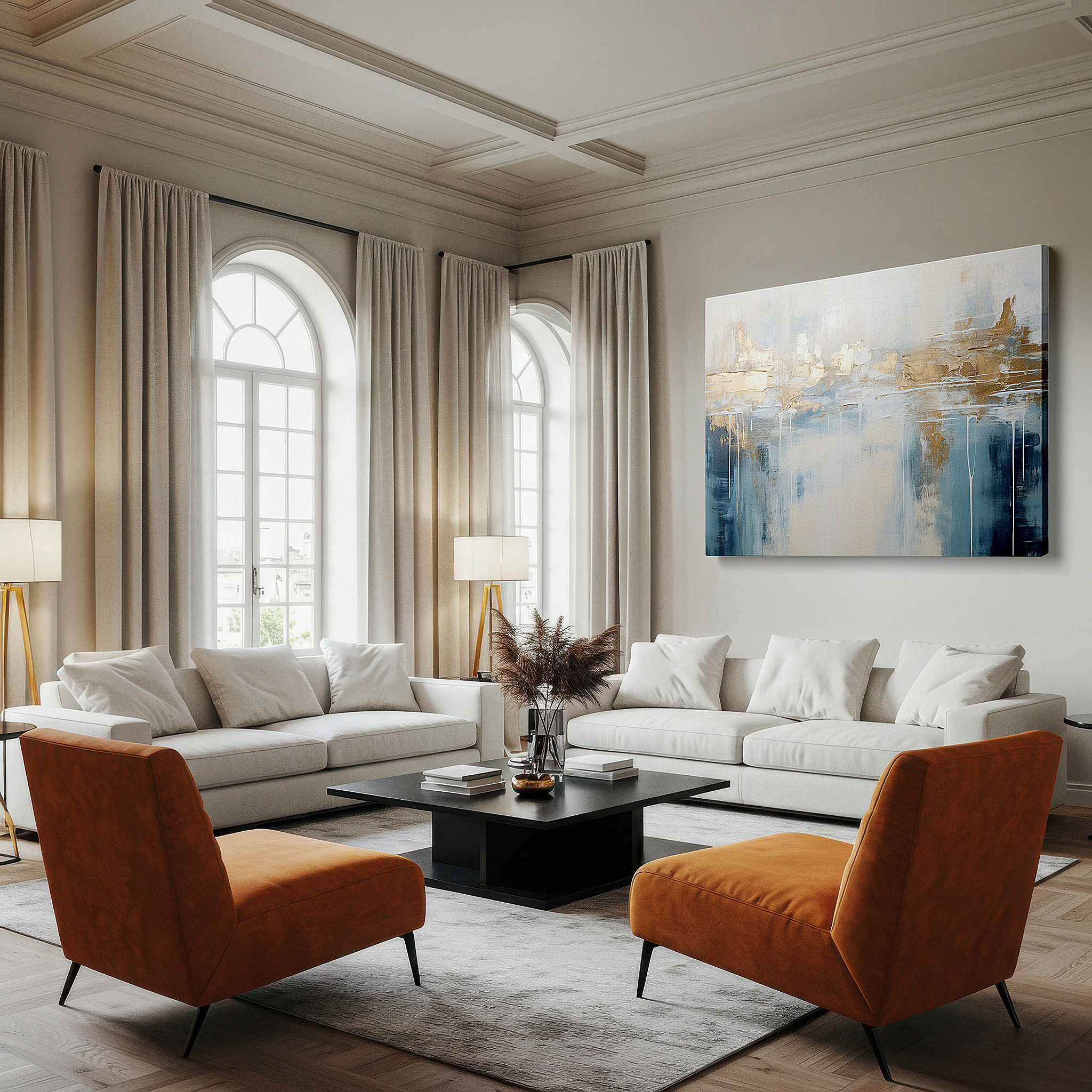Presented on a clean white gallery wall with ample space — stunning gold and blue abstract minimalist large canvas wall art for office and bedroom decor