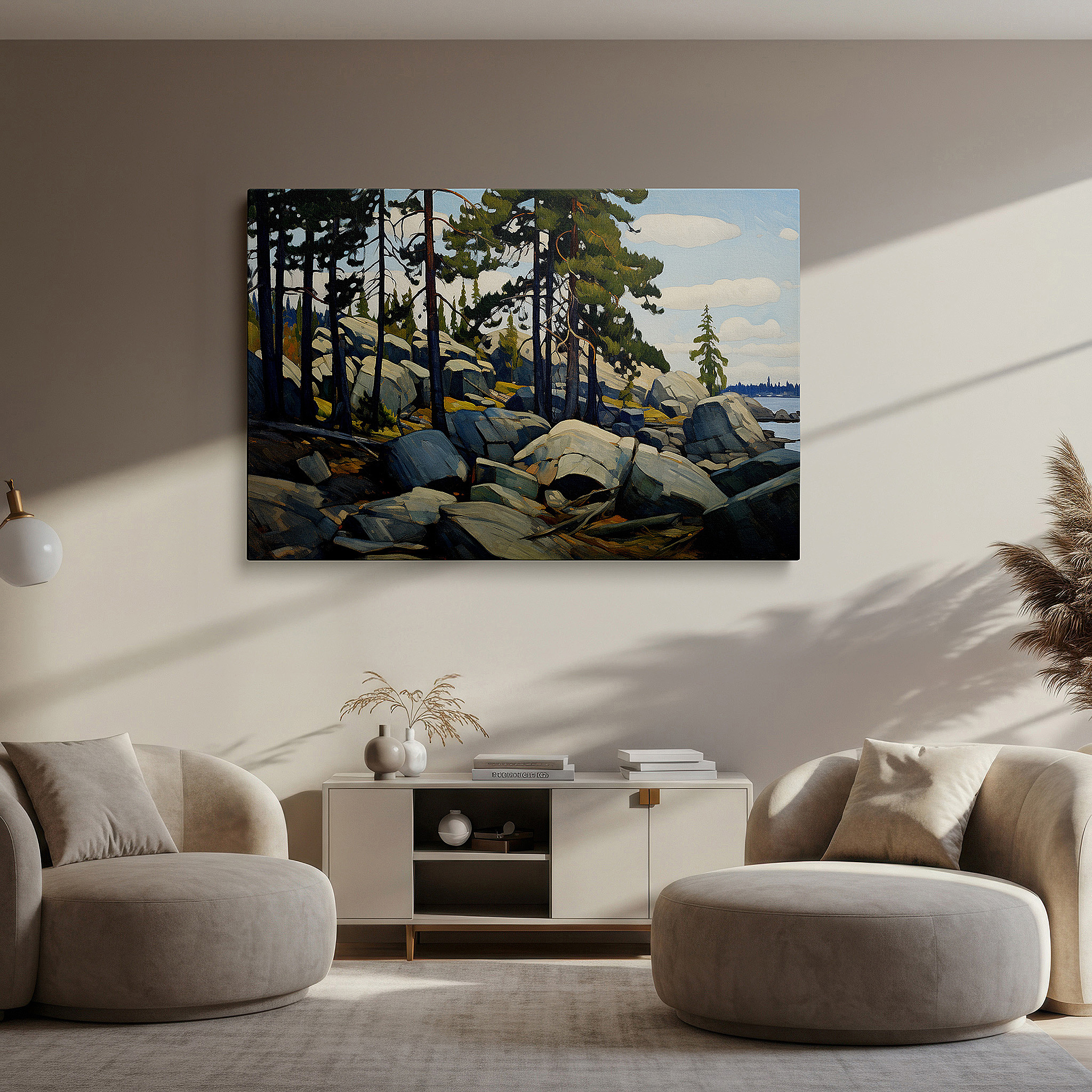 Presented on a clean white gallery wall with ample space — sunlit pines and granite boulders by a peaceful waterway large wall art, canvas wall art, wall decor for office, bedroom, and living room