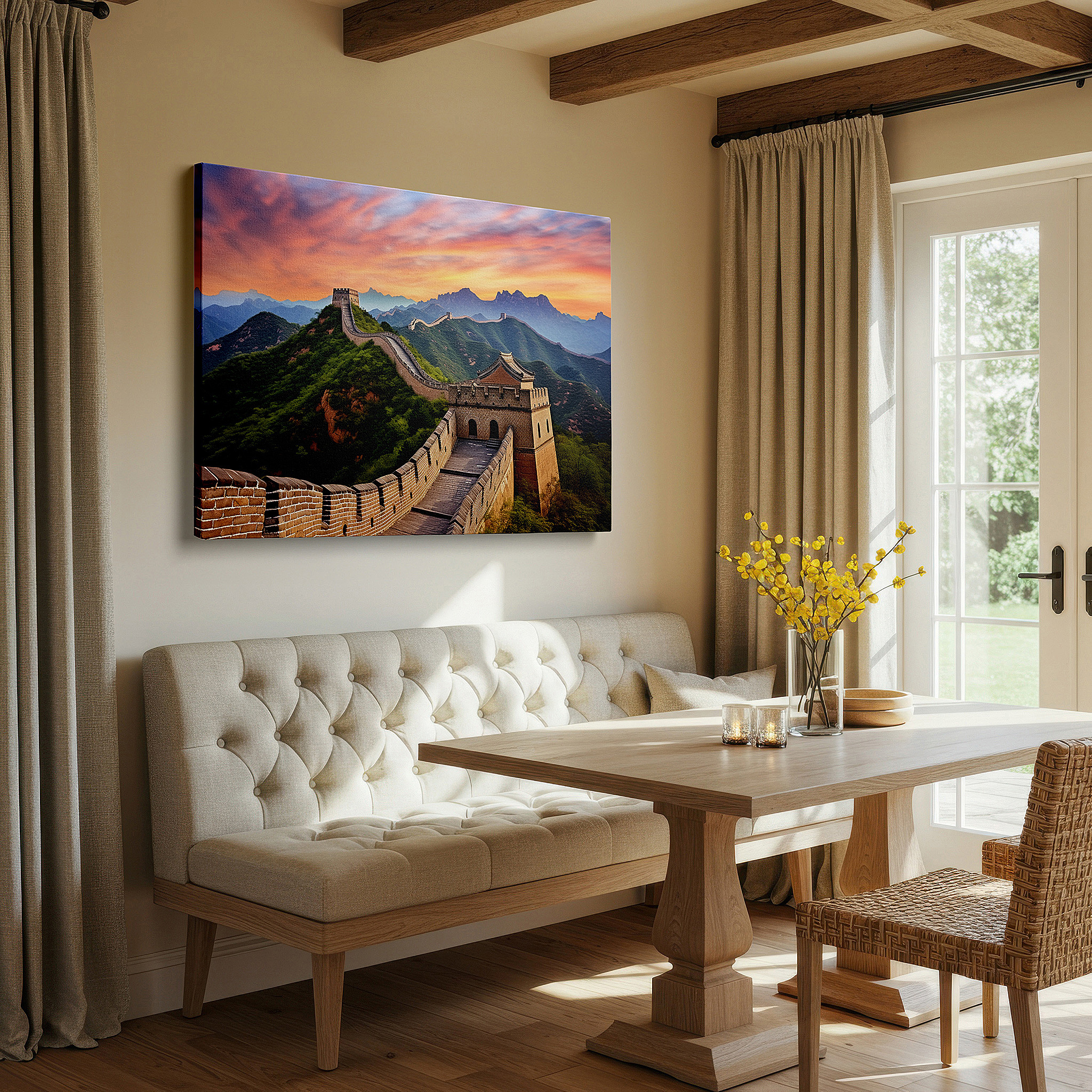 Presented on a clean white gallery wall with ample space — sunrise at the great wall of china - celebrating durability and architectural magnificence, large canvas wall art for home decor