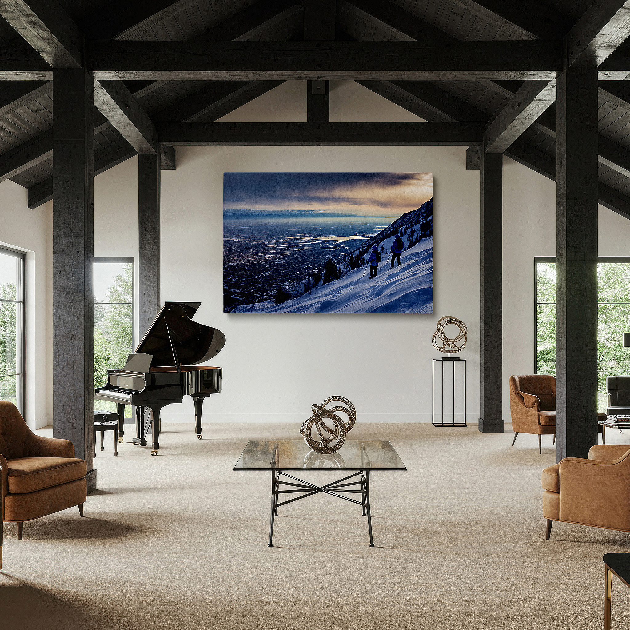 Presented on a clean white gallery wall with ample space — sunset hikers in a snowy mountain landscape: a vivid adventure and nature's beauty - large canvas wall art for office decor