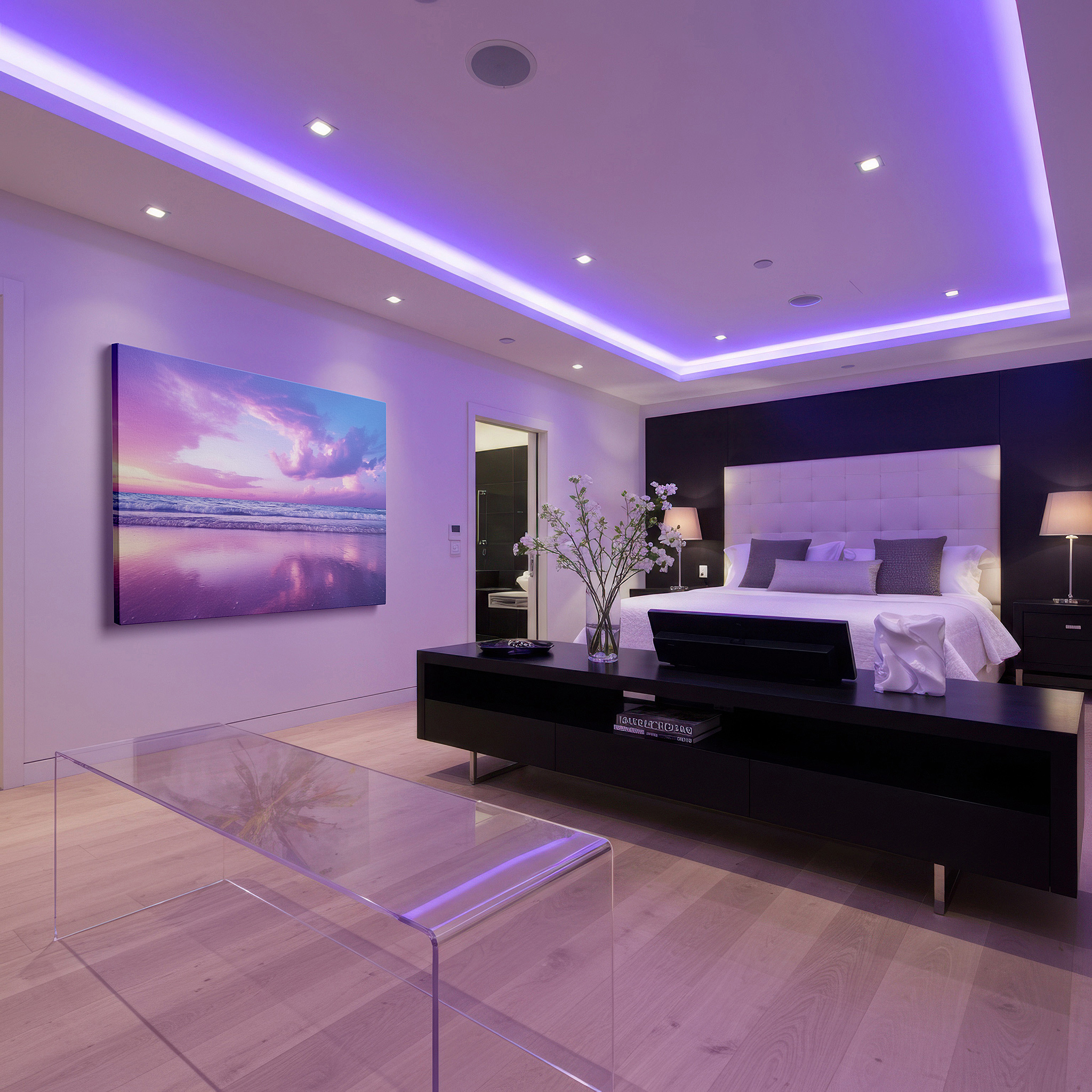 Presented on a clean white gallery wall with ample space — sunset symphony in pink and purple: tranquil ocean reflections large wall art, canvas decor for office and bedroom