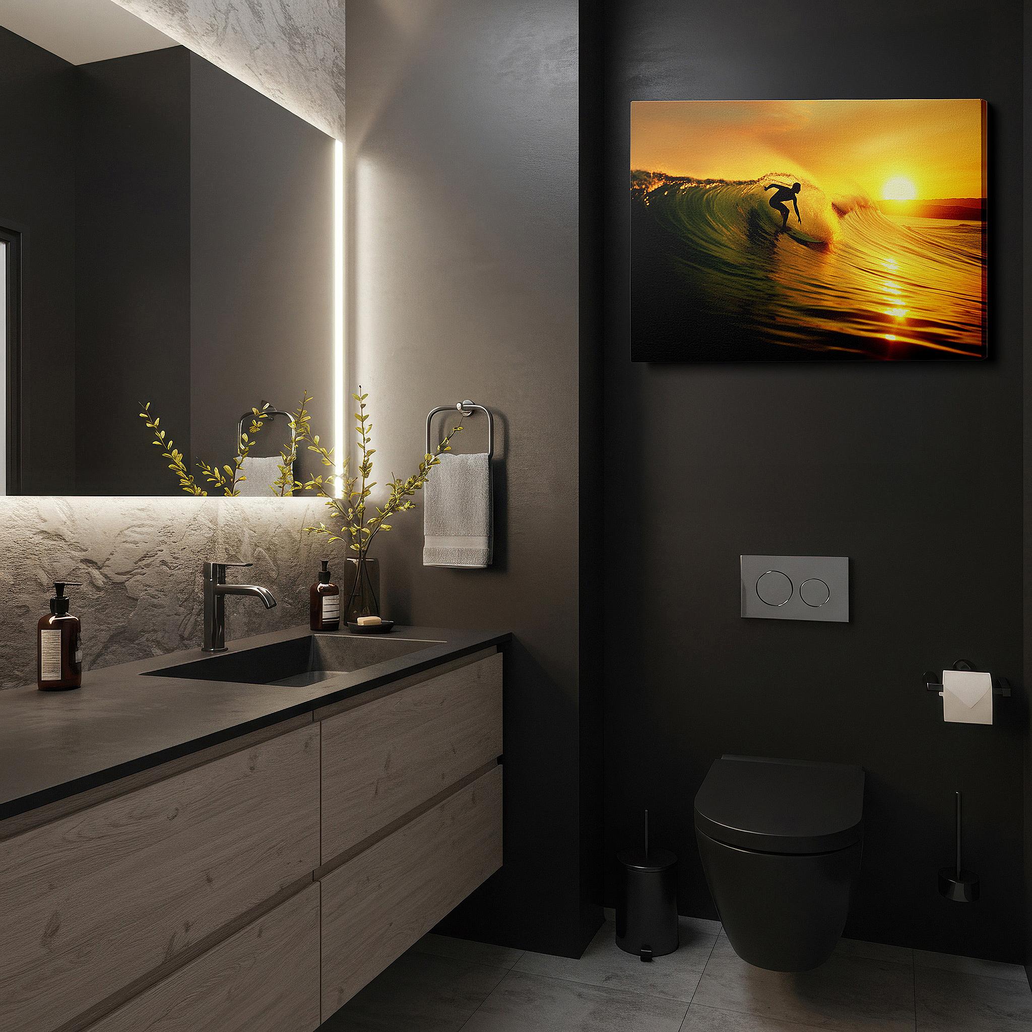 Presented on a clean white gallery wall with ample space — surfing at sunset wall art: a masterful display of skill and nature's beauty - large canvas for home and office decor, perfect for living room and bedroom