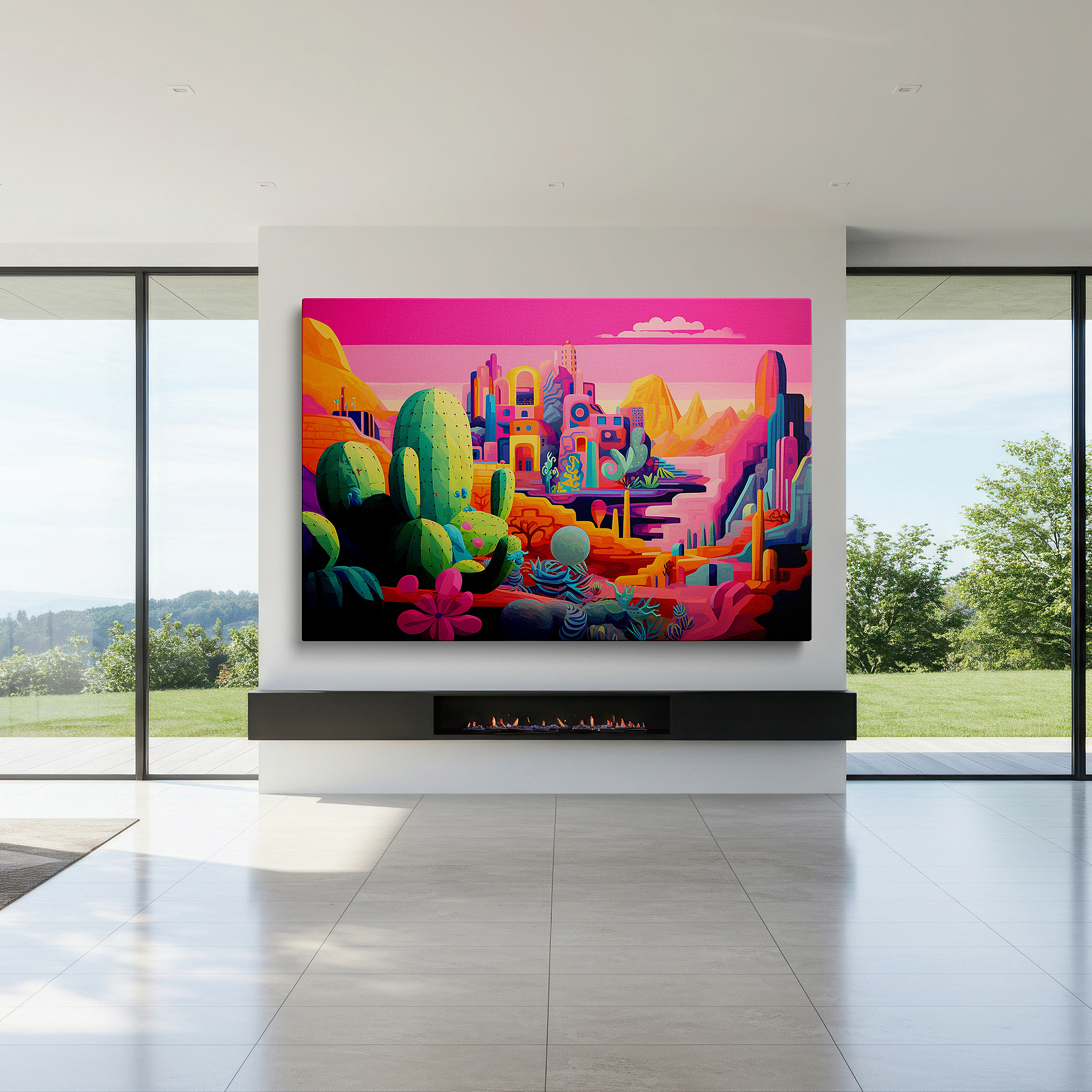 Presented on a clean white gallery wall with ample space — towering cacti and fiery skies in the vast desert landscape: large canvas wall art for office and bedroom decor