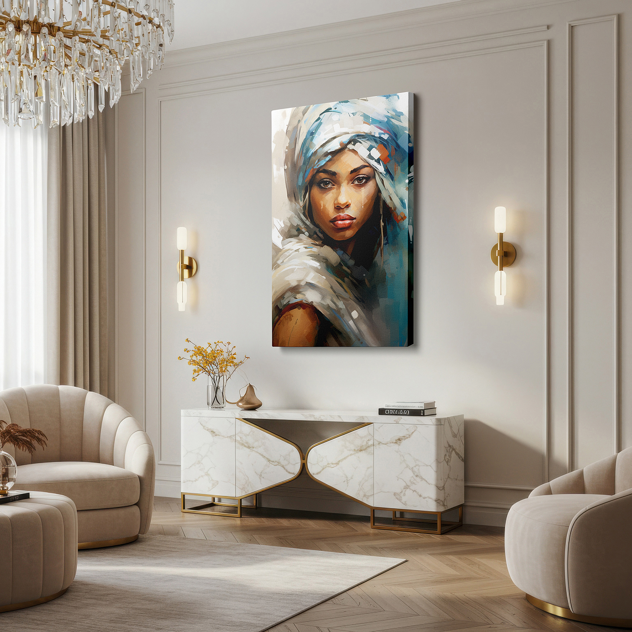 Presented on a clean white gallery wall with ample space — traditional elegance: celebrating feminine strength and cultural identity - large wall art, canvas wall art, wall decor, office wall art