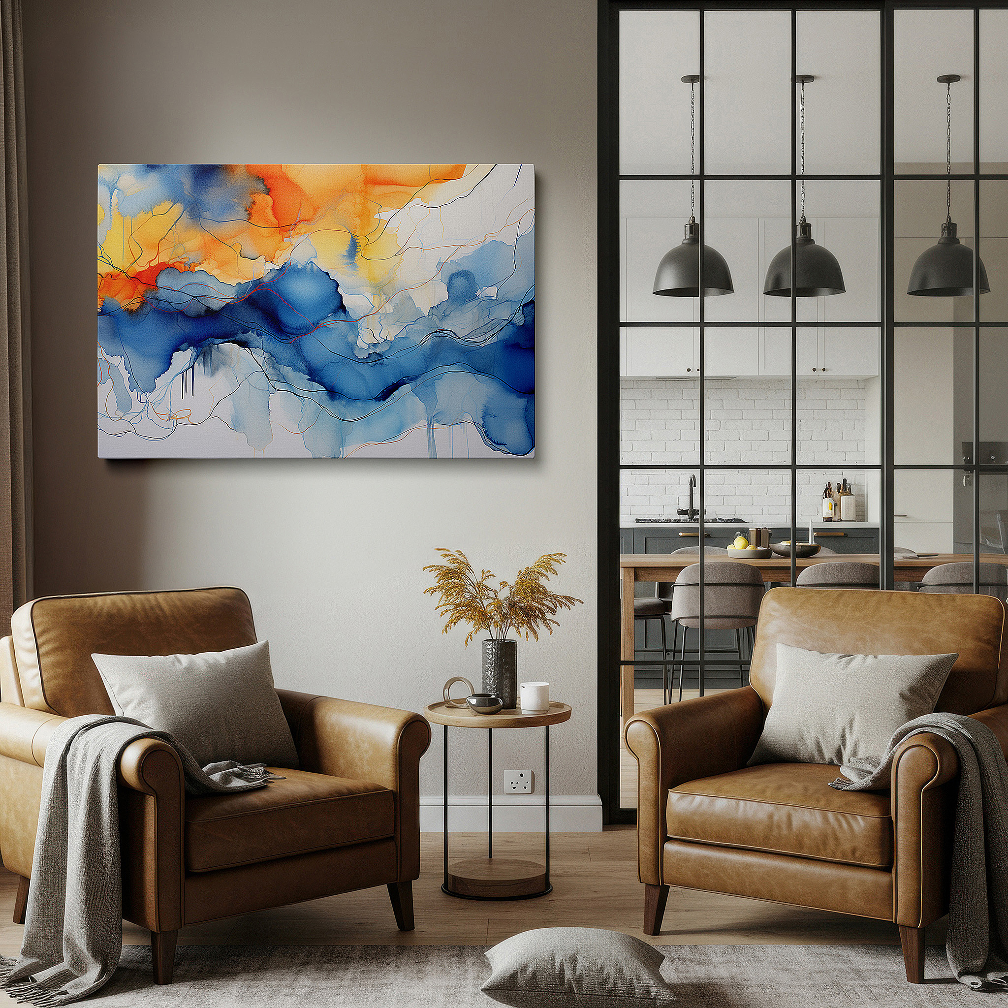 Presented on a clean white gallery wall with ample space — a tranquil fusion of ocean blues and sunset oranges in a graceful display of nature's palette large wall art, canvas wall art, wall decor, office wall art