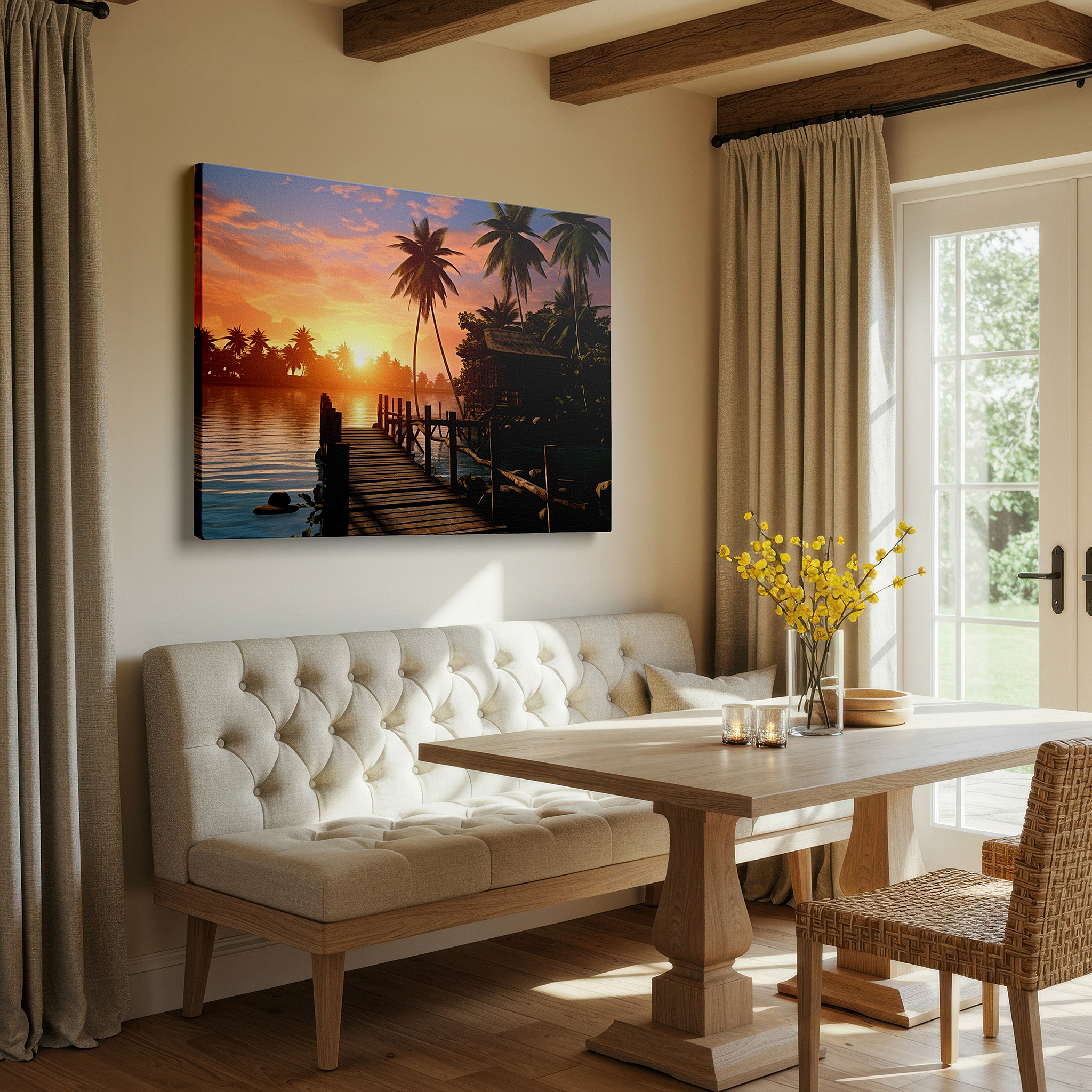 Presented on a clean white gallery wall with ample space — tropical sunset paradise with rustic dock and reflective waters - large canvas wall art for office, bedroom, and living room decor