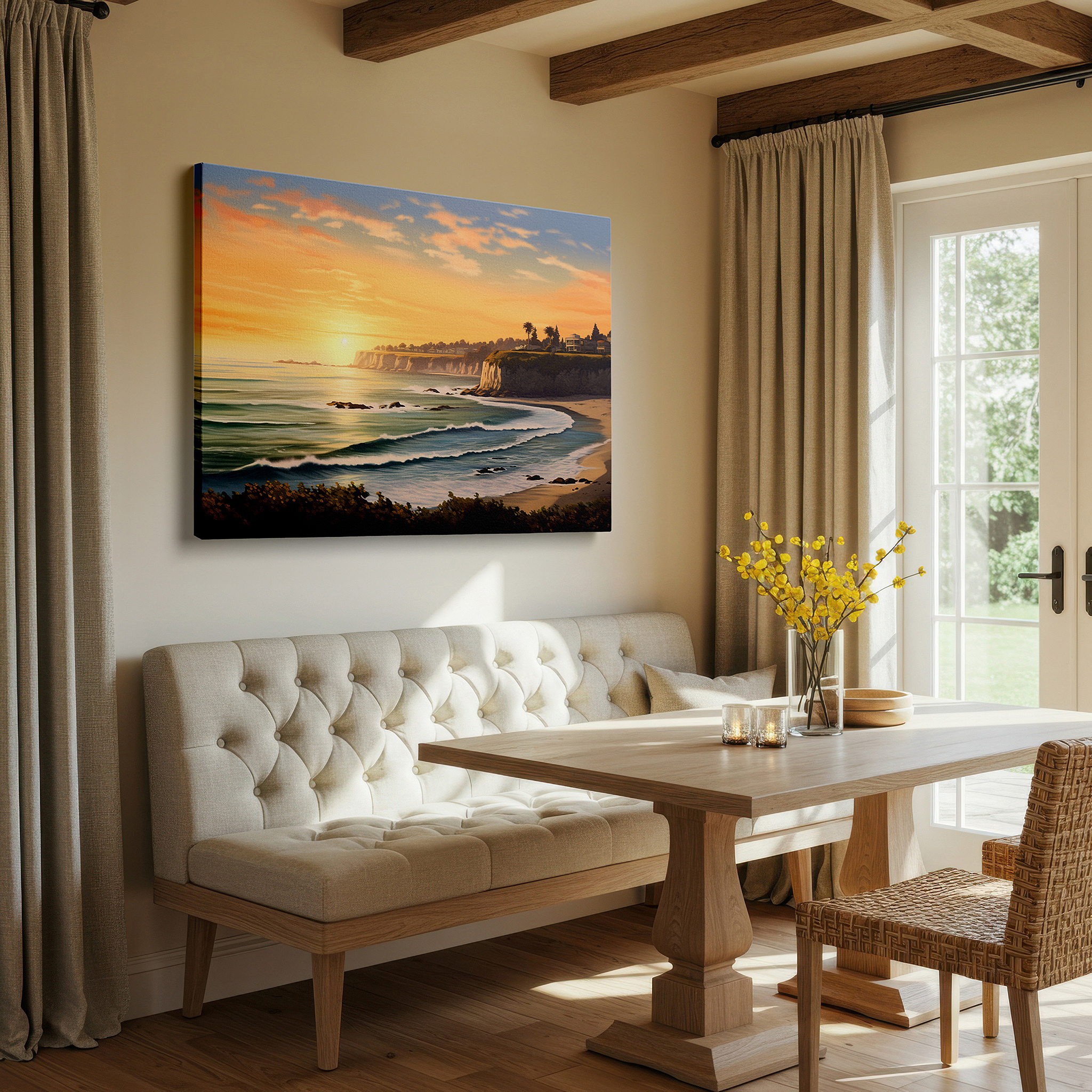Presented on a clean white gallery wall with ample space — twilight's golden radiance - coastal sunset with earthy cliffs and gentle waves large wall art, canvas wall art, wall decor