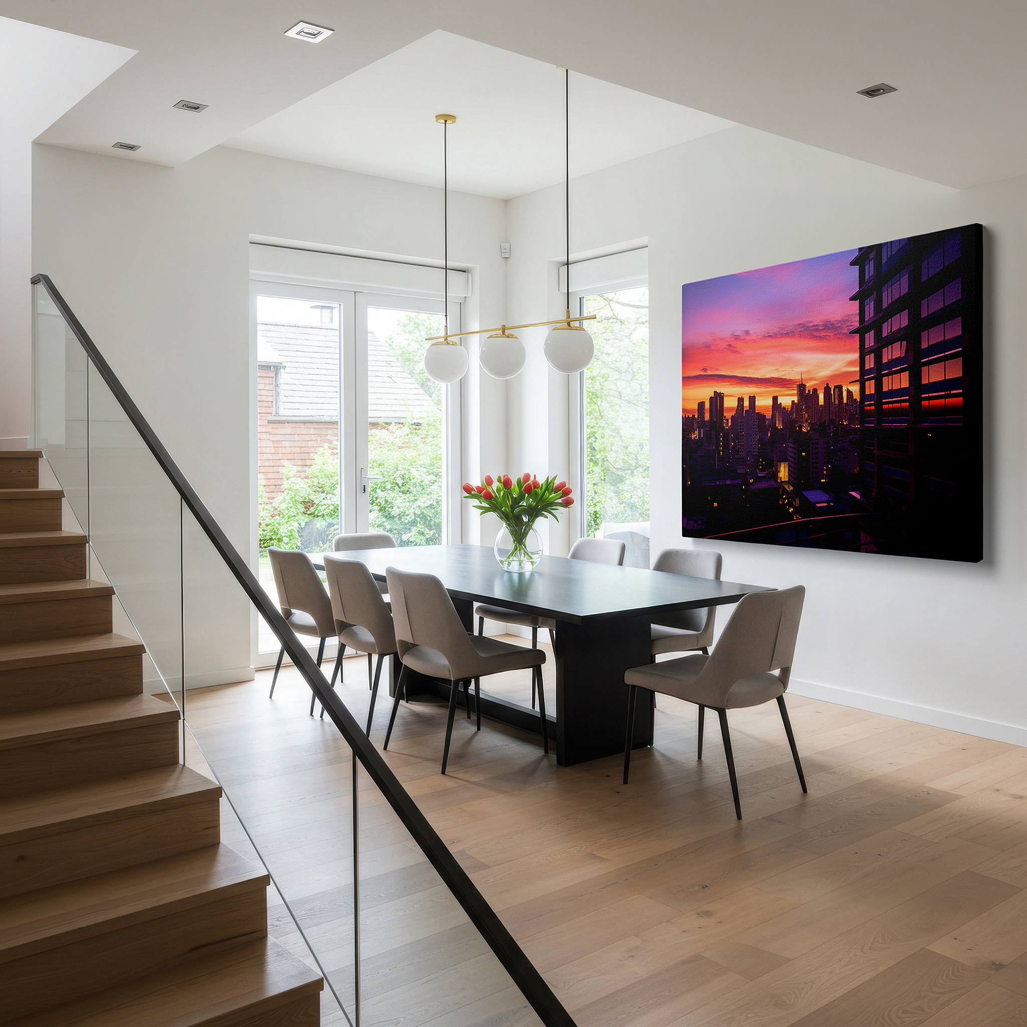 Presented on a clean white gallery wall with ample space — urban sunset above glass skyscrapers - vibrant day to night transition large wall art, canvas wall art, wall decor, office wall art, bedroom wall art
