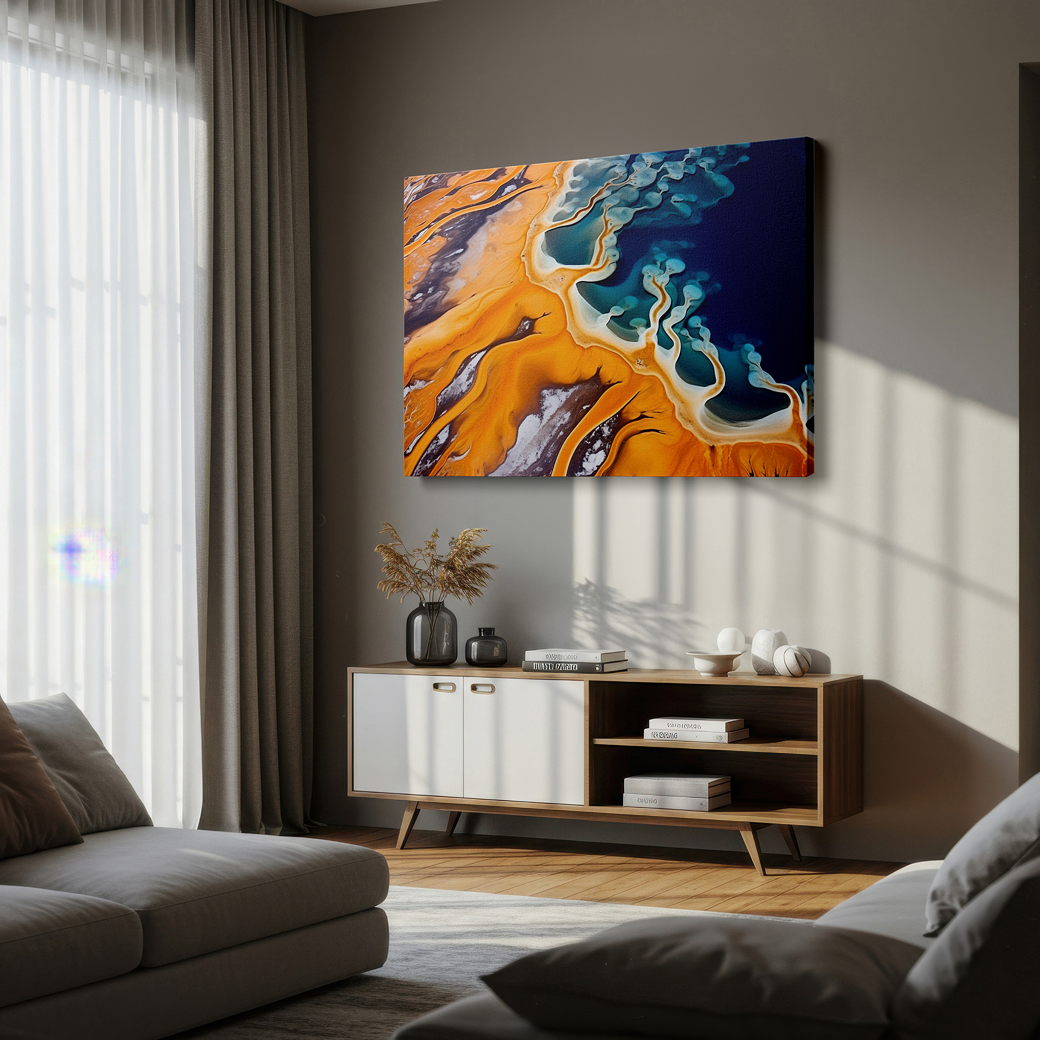 Presented on a clean white gallery wall with ample space — vibrant aerial symphony of hot springs canvas wall art, celebrating nature's craftsmanship, ideal for office and home decor
