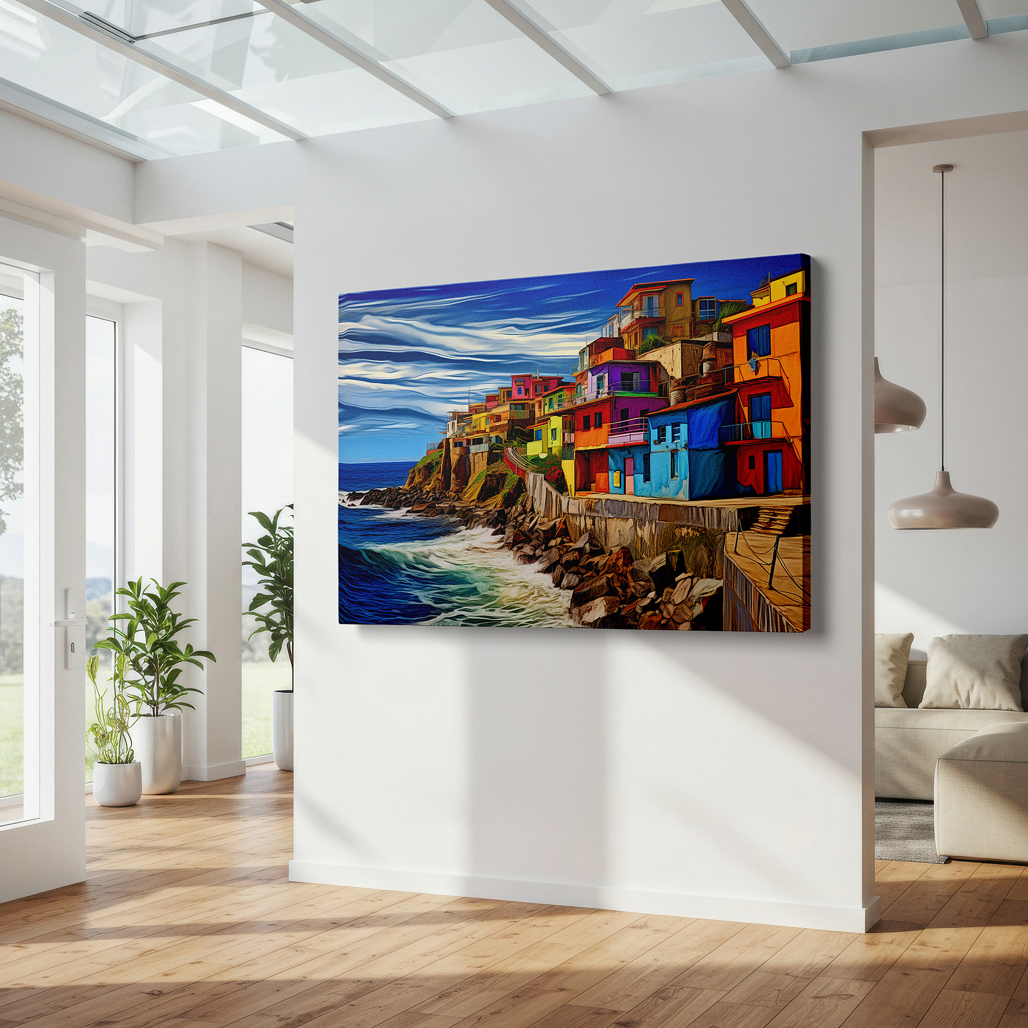 Presented on a clean white gallery wall with ample space — vibrant coastal homes under sunlit skies: a dynamic blend of land and sea - large wall art, canvas wall art, wall decor for office