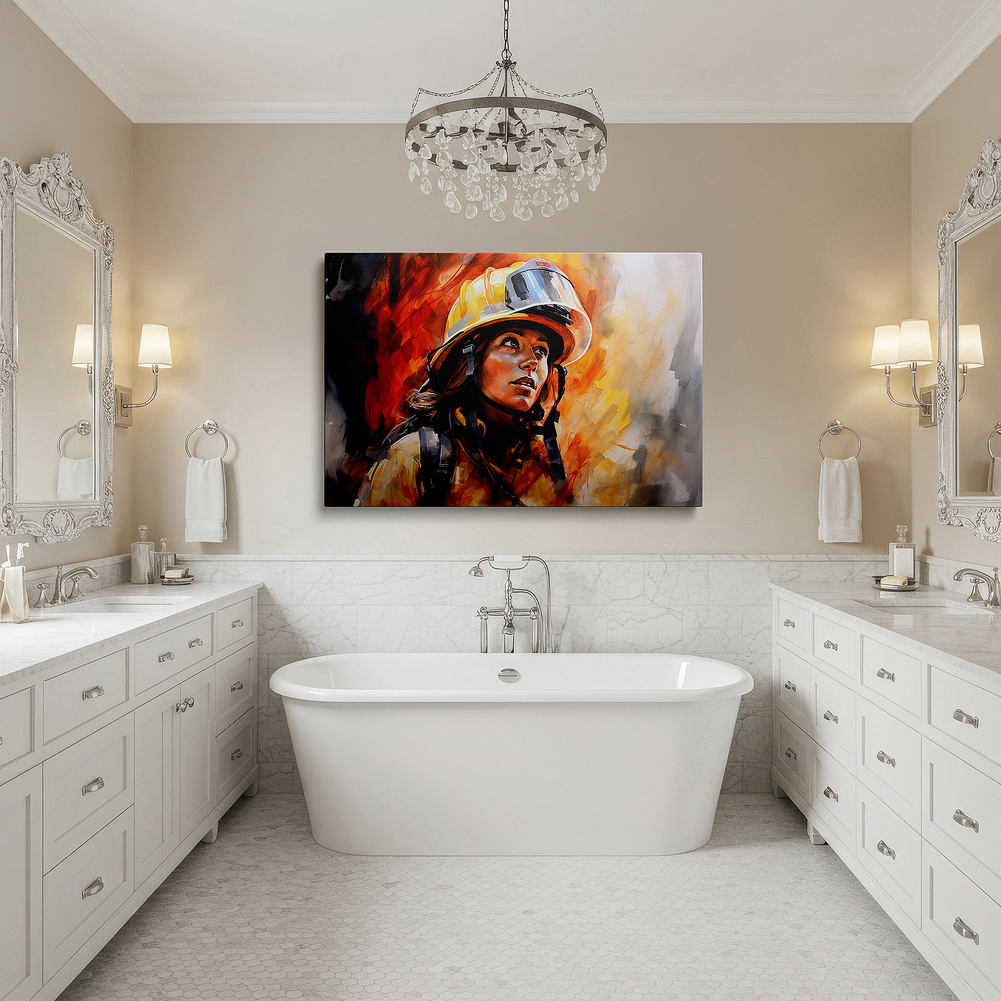 Presented on a clean white gallery wall with ample space — wall art: "beacon of courage" - female firefighter amidst flames, large canvas wall art for office, bedroom, and living room decor