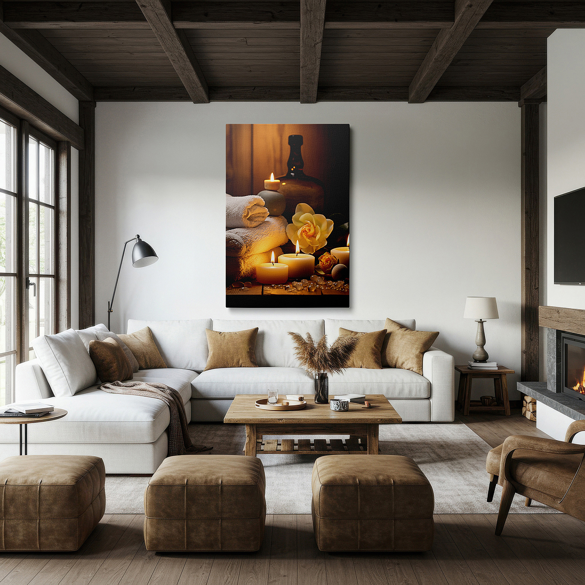 Presented on a clean white gallery wall with ample space — wall art: experience candlelit serenity with spa-inspired large canvas art for office, bedroom, and living room decor