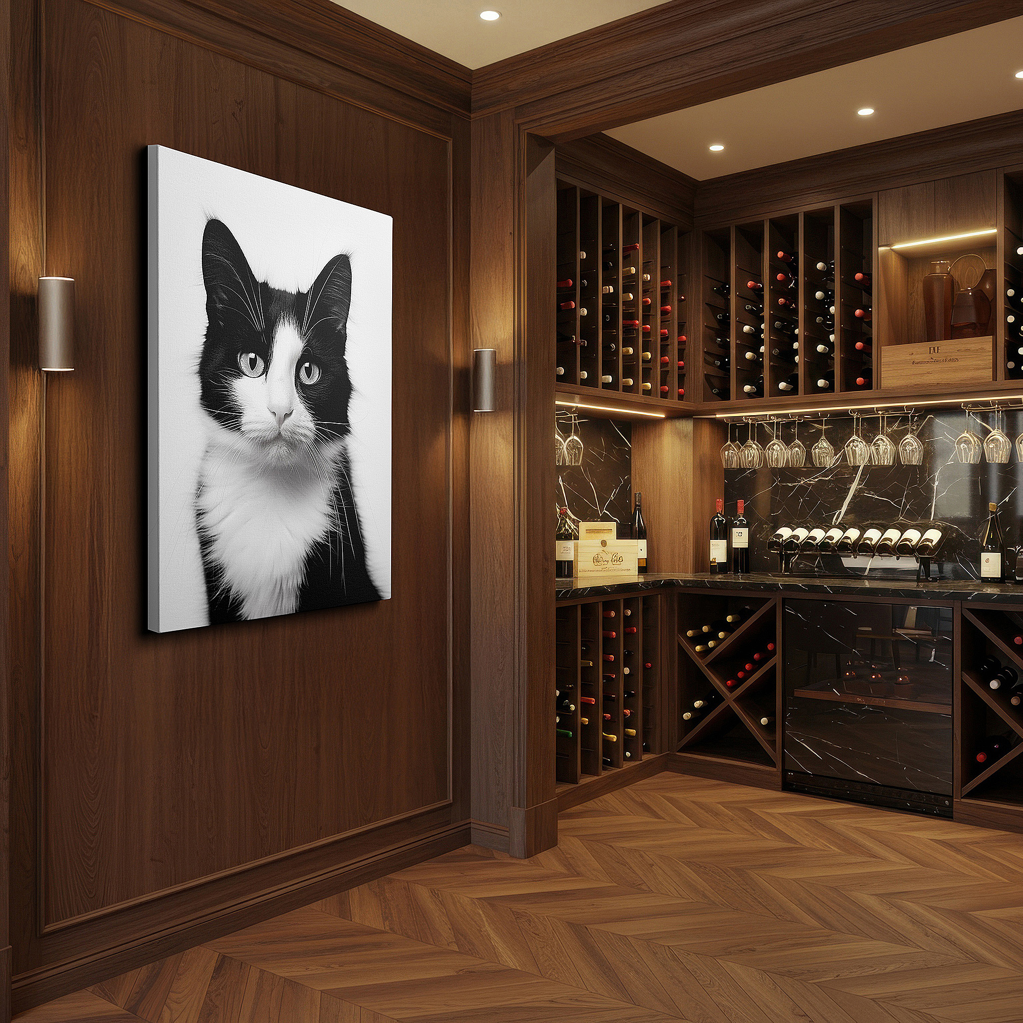 Presented on a clean white gallery wall with ample space — wall art: mysterious elegance in a monochrome cat portrait - large canvas wall art for office, bedroom, and living room decor