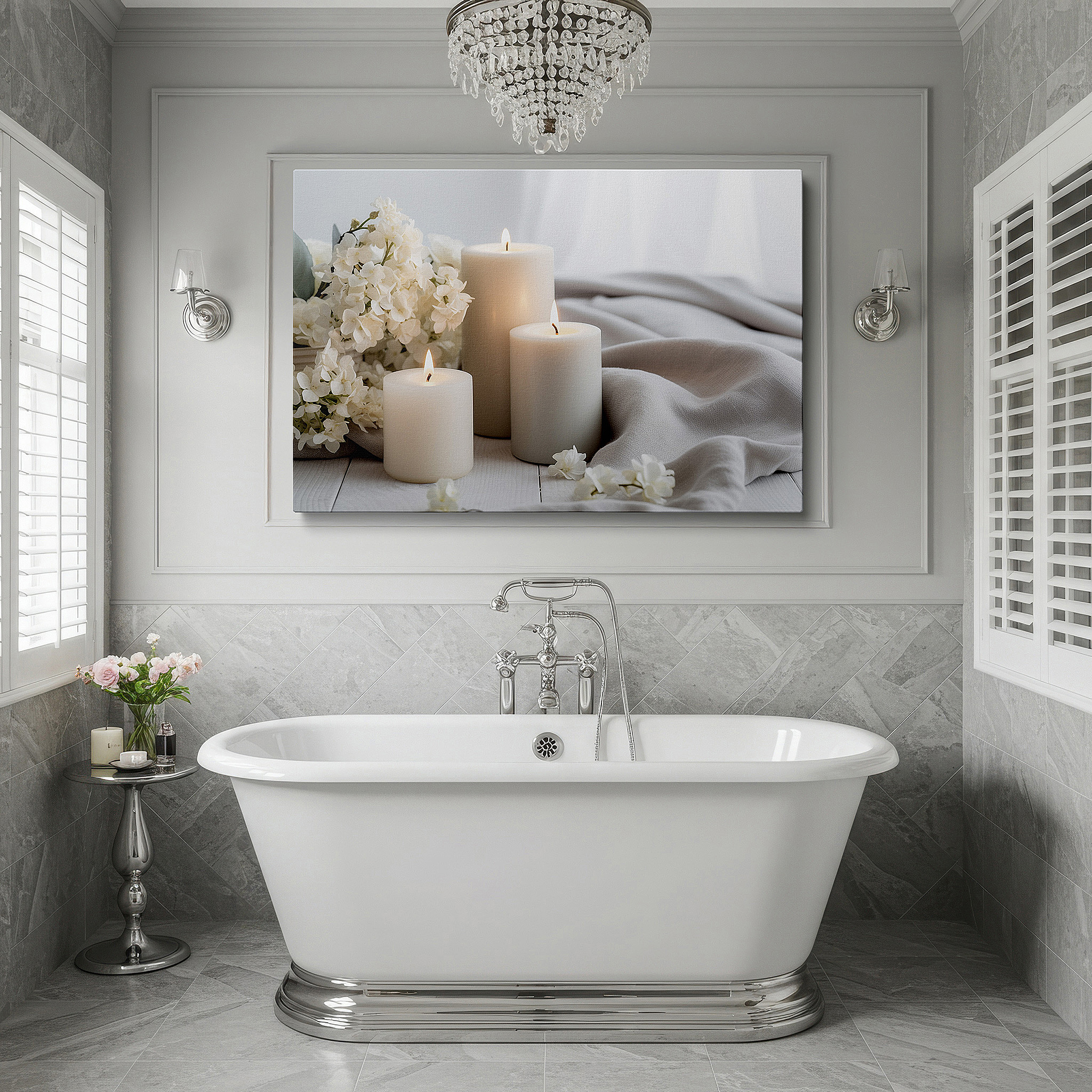 Presented on a clean white gallery wall with ample space — wall art: serene white flowers and gentle candlelight - create a peaceful haven in any space with large canvas art for offices and bedrooms