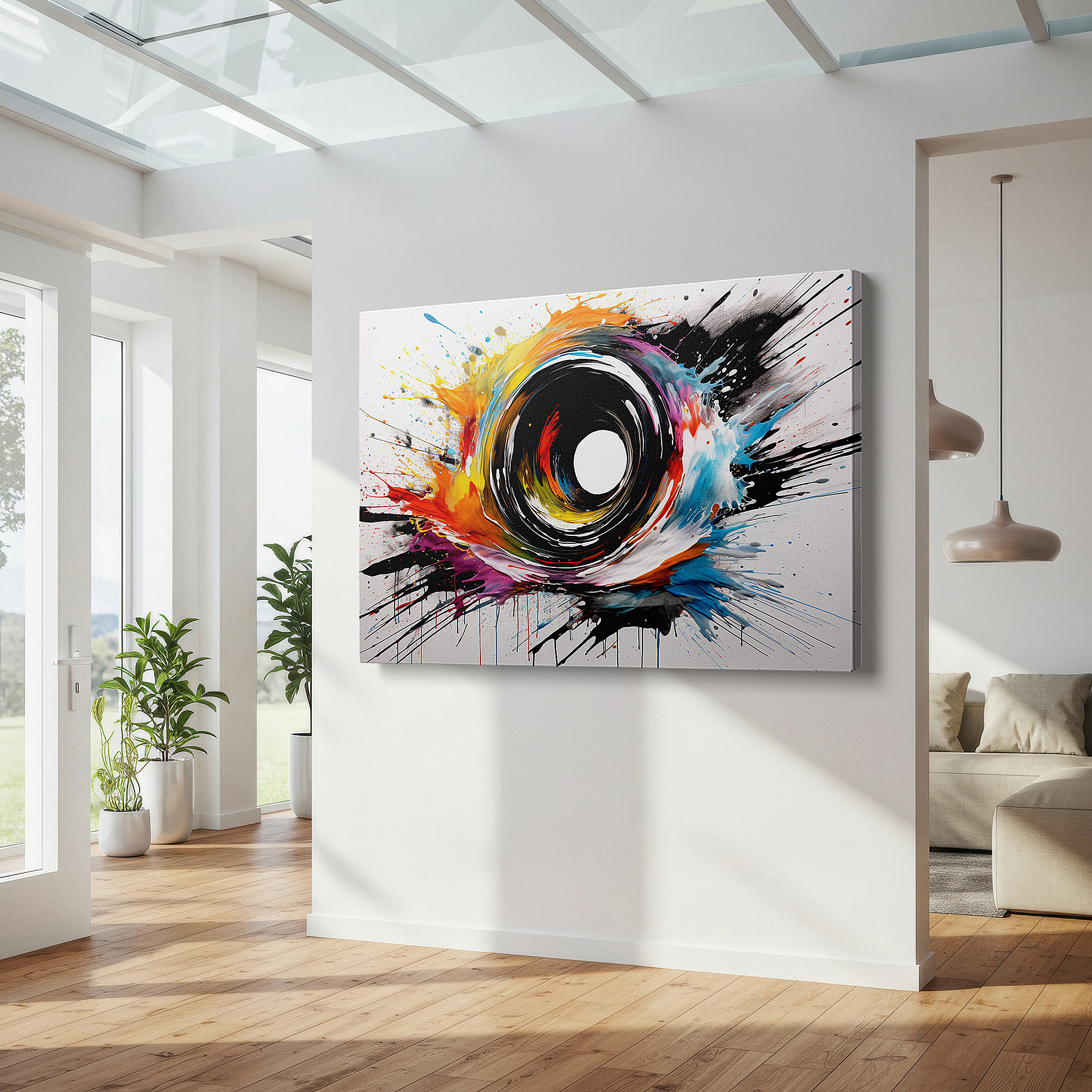 Presented on a clean white gallery wall with ample space — wall art: a striking spiral in fiery reds and cool blues, representing creativity and transformation - large canvas wall art for home and office decor