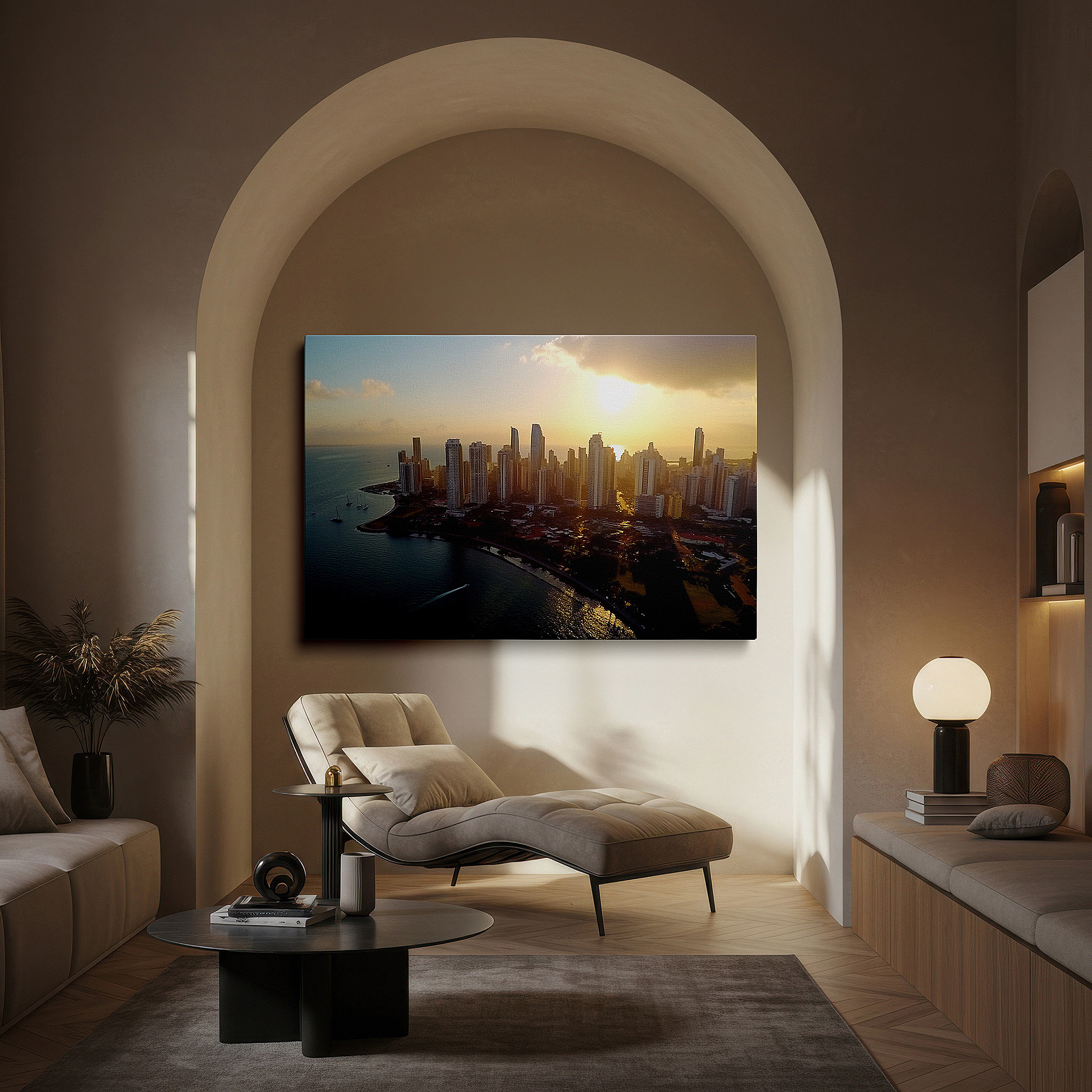 Presented on a clean white gallery wall with ample space — wall art: sunset cityscape - celebrating urban innovation and modern vibrancy, large canvas art for home and office decor