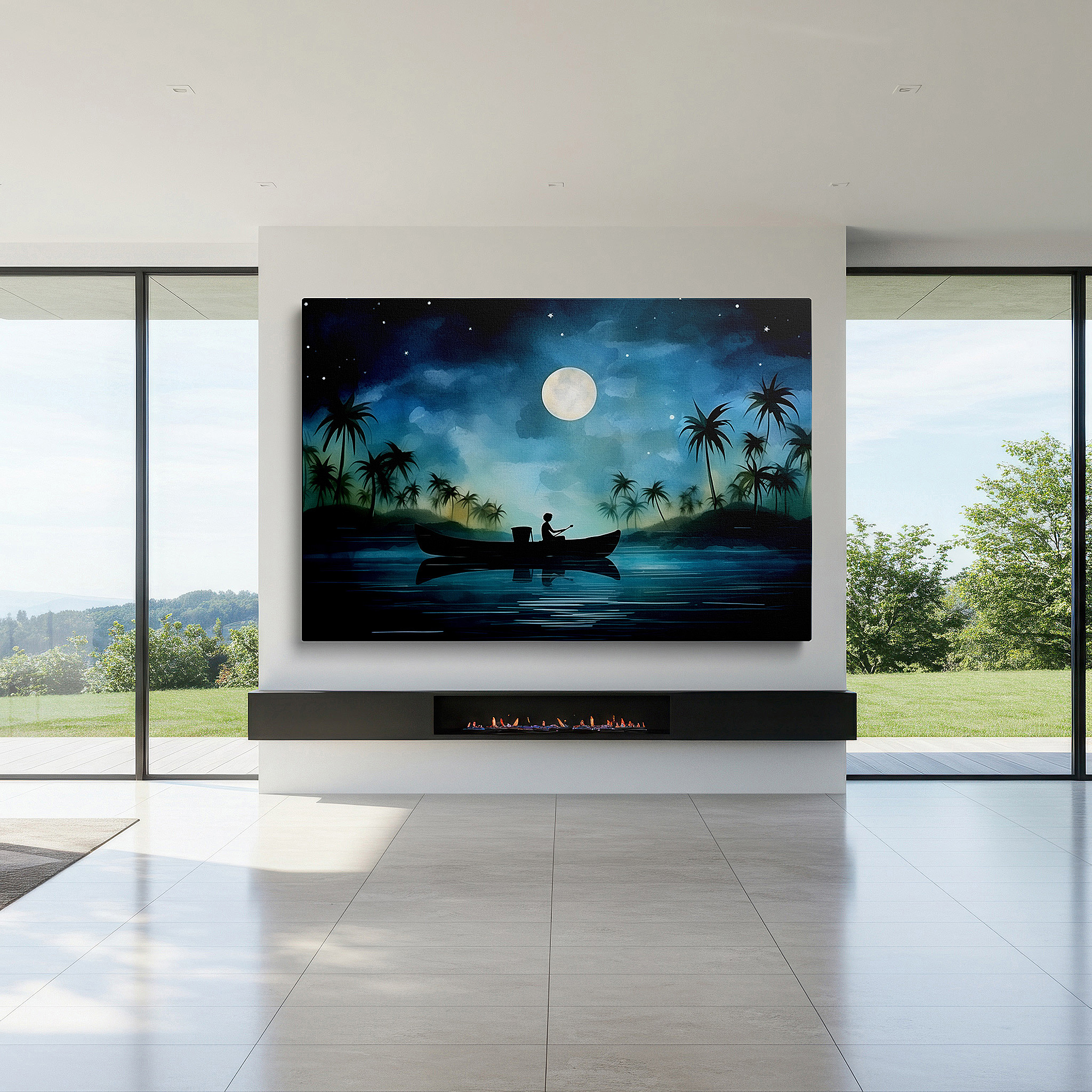 Presented on a clean white gallery wall with ample space — wall art: tranquil canoe trip beneath the stars, capturing solitude and awe - large canvas wall art for office and bedroom decor