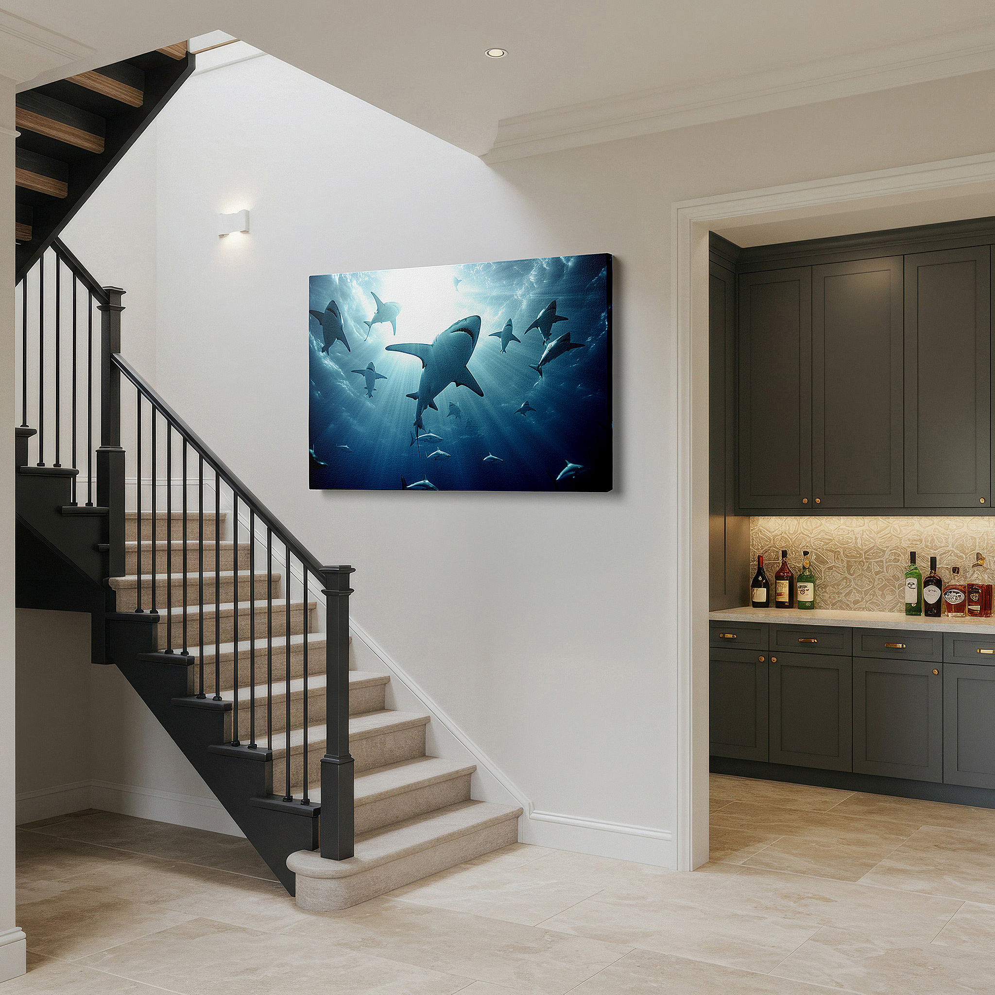 Presented on a clean white gallery wall with ample space — wall decor: elegant sharks swimming in sunlit waters, interplay of light and shadow - large canvas art for walls, ideal for office and bedroom decor