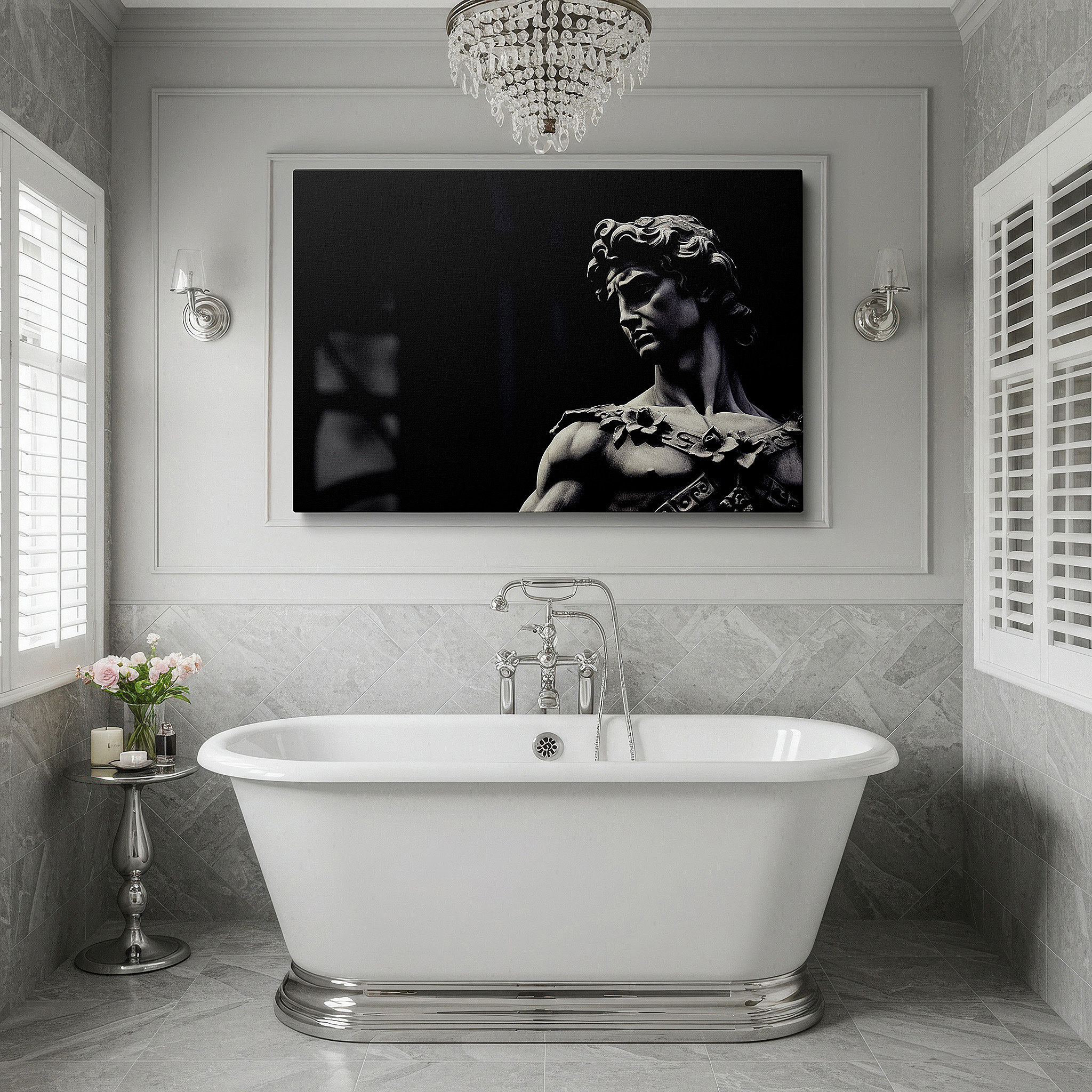 Presented on a clean white gallery wall with ample space — wall decor: michelangelo's david - a study in light and shadow celebrating renaissance elegance and power, large canvas art for home and office