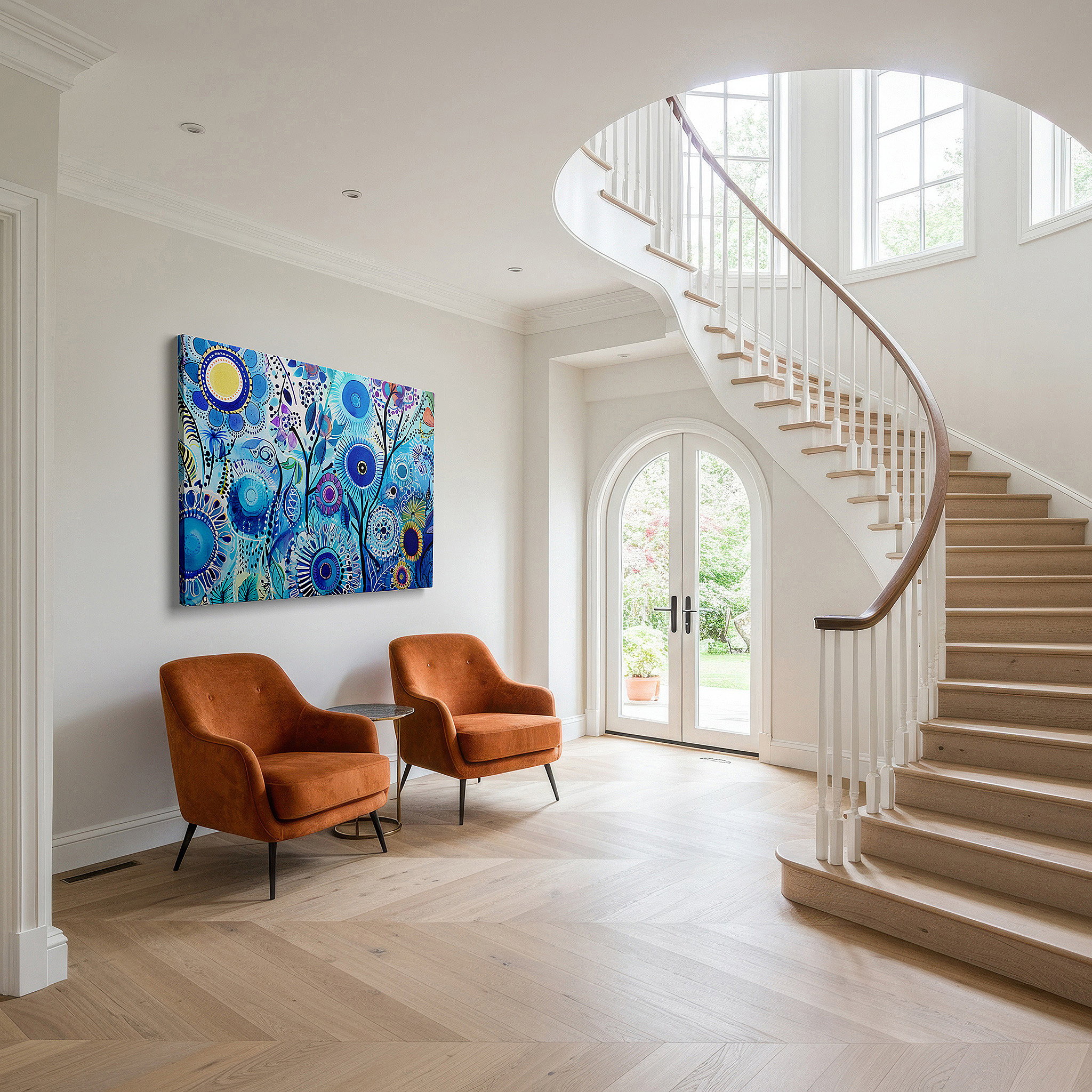 Presented on a clean white gallery wall with ample space — wall decor: serene mix of blue and green hues featuring vibrant floral designs - ideal for living rooms, bedrooms, or office spaces