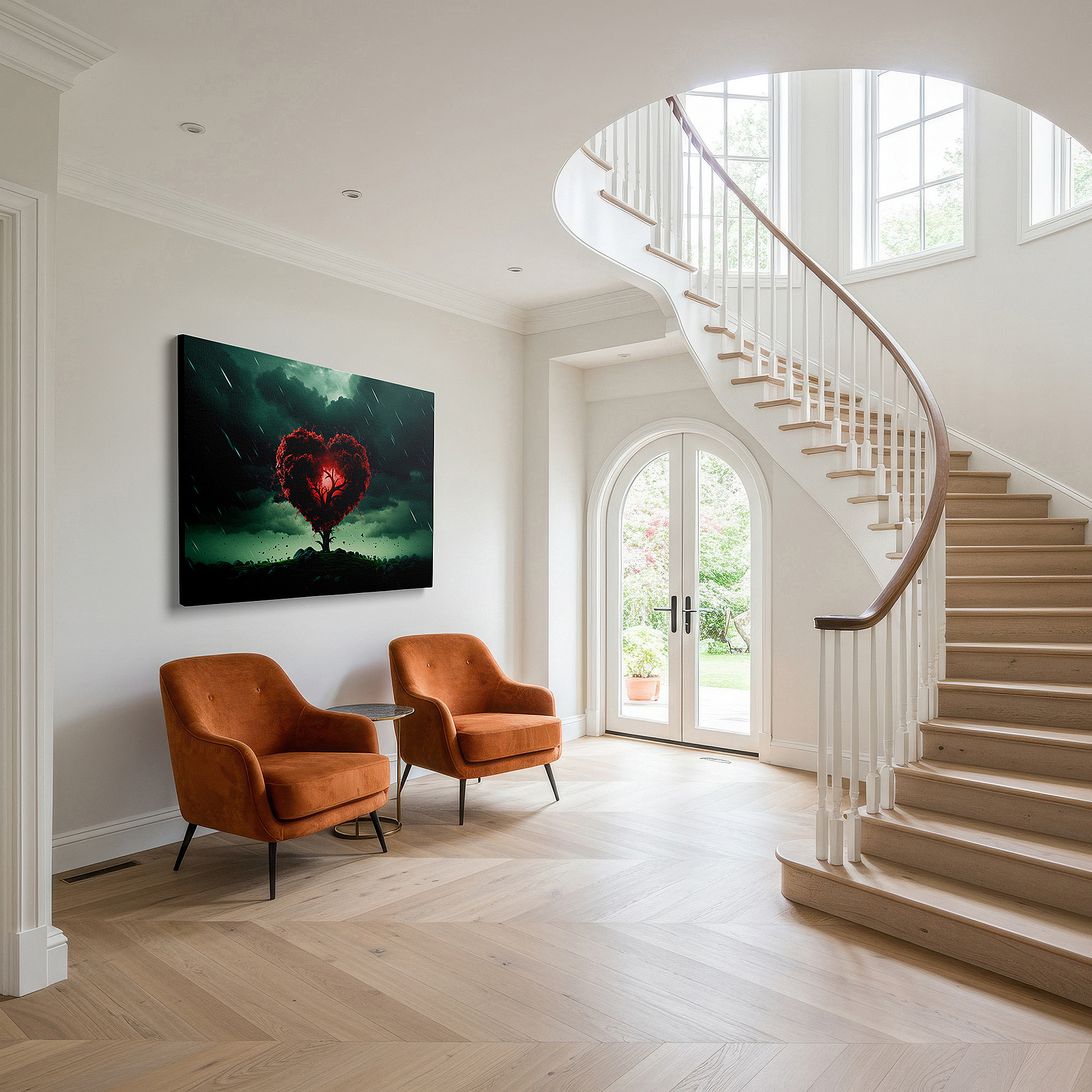 Presented on a clean white gallery wall with ample space — wall decor: stormy sky heart-shaped tree, emblem of resilience and passion - large canvas art for office and bedroom