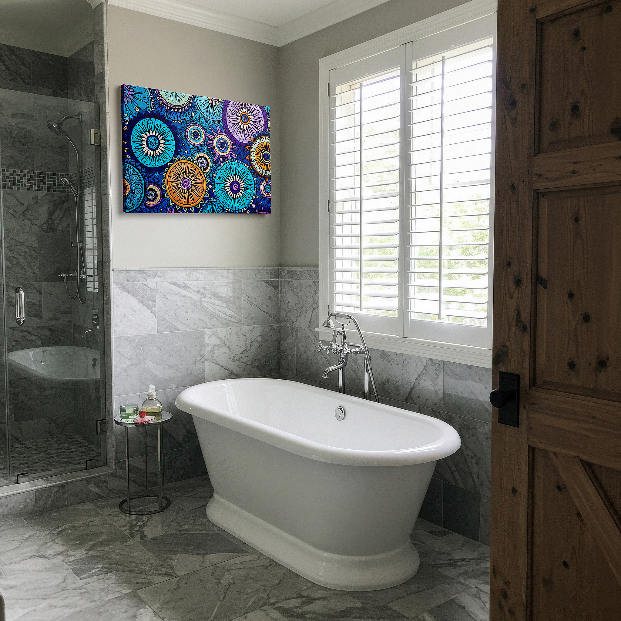 Presented on a clean white gallery wall with ample space — wall decor: vibrant circular designs blending geometric sharpness with floral grace - ideal for office, bedroom, and living spaces