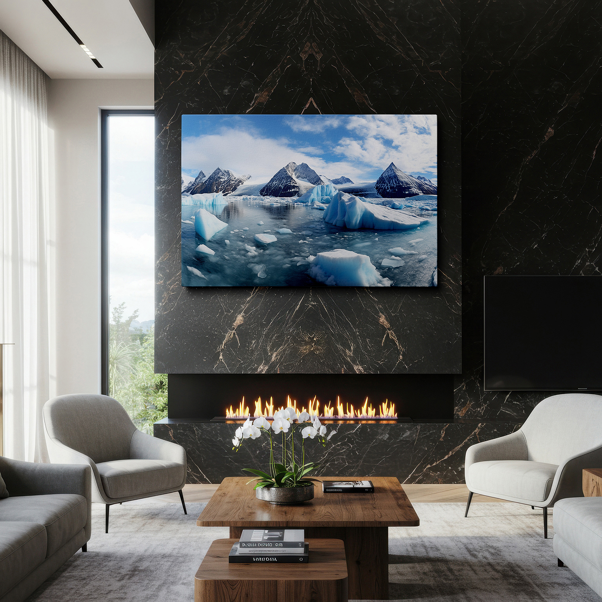 Presented on a clean white gallery wall with ample space — winter dawn over snow-capped mountains and reflective lake large canvas wall art for office, bedroom, and living room decor