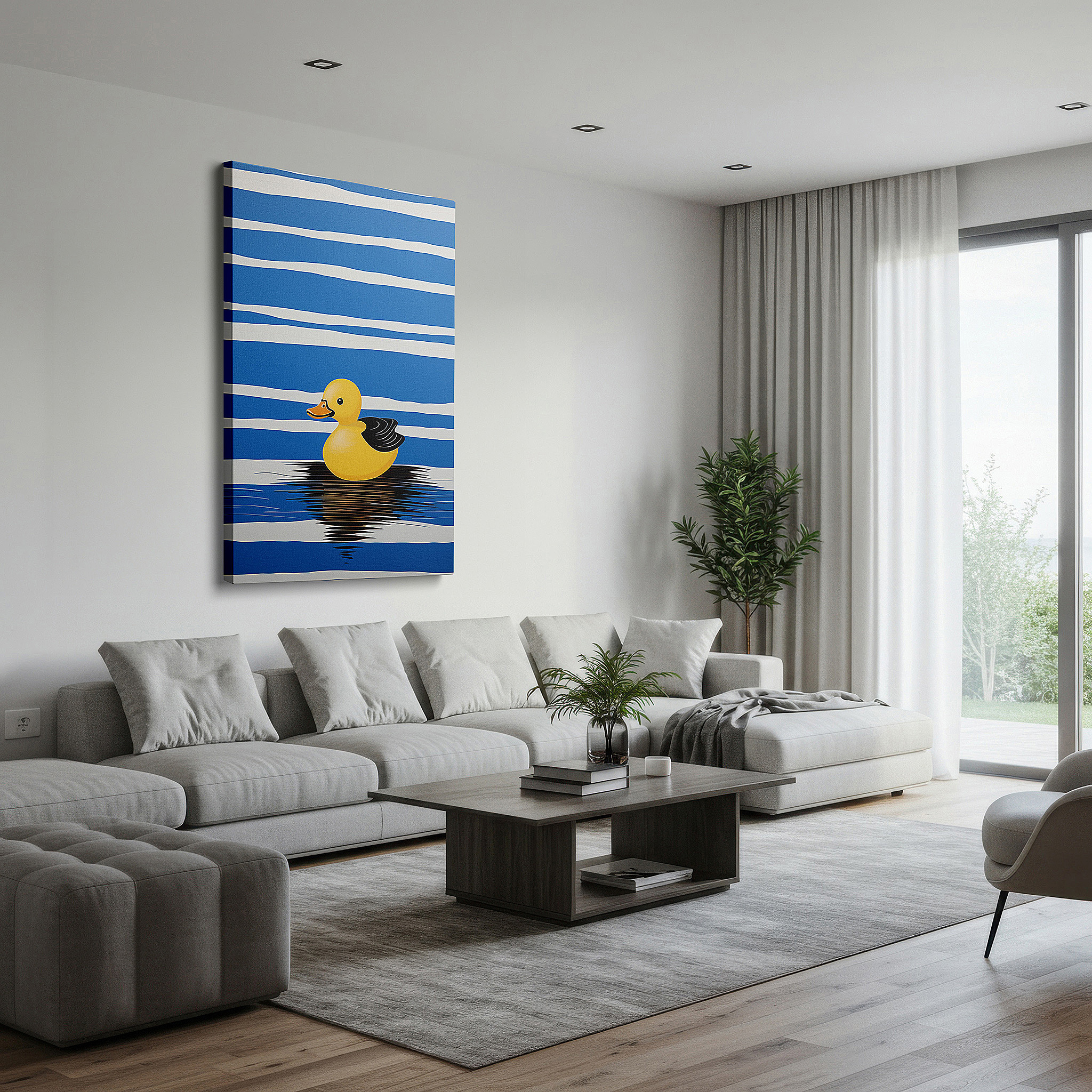 Presented on a clean white gallery wall with ample space — yellow rubber duck on blue and white striped background, large canvas wall art evoking childhood memories