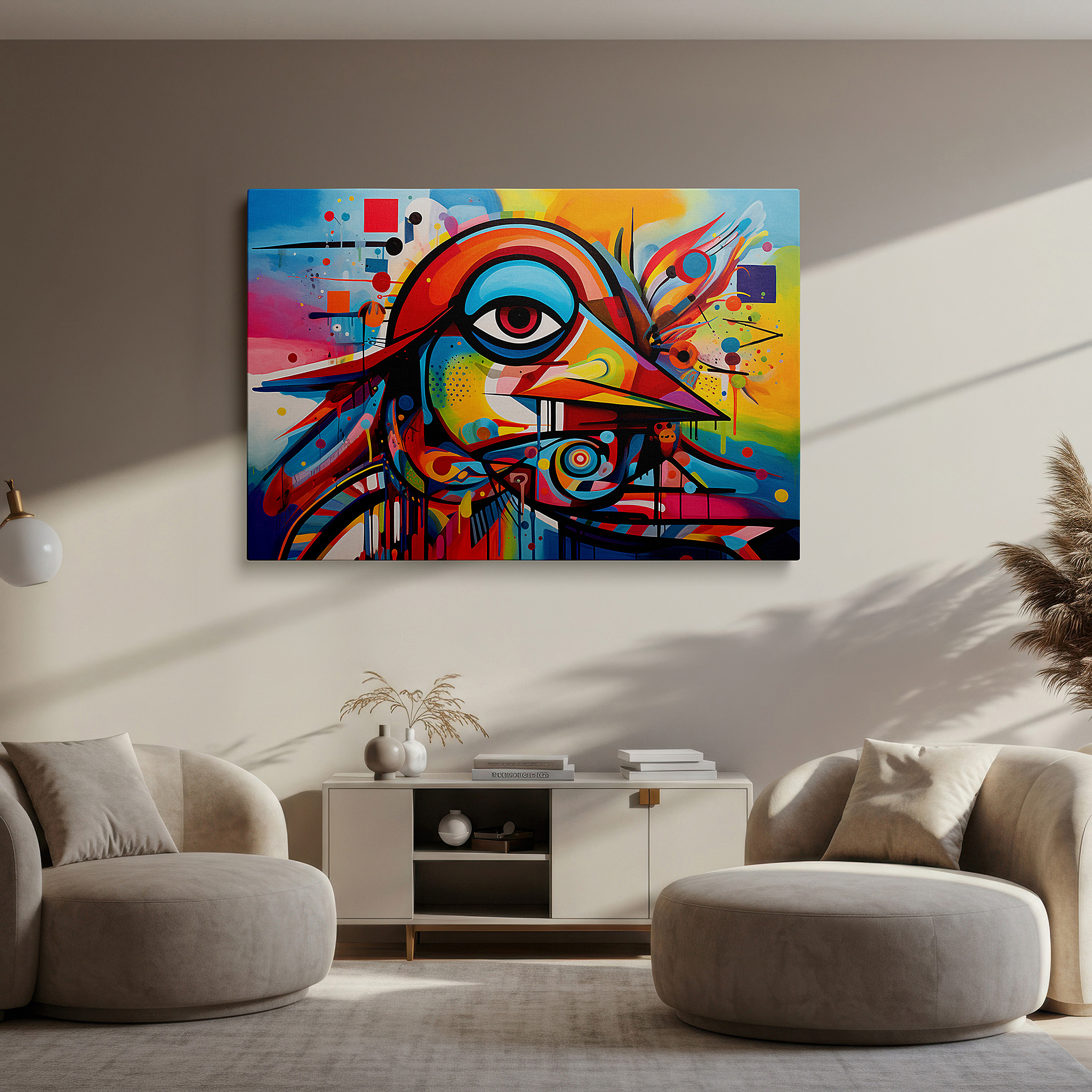 Set in a minimalist interior with textured walls and soft rugs — abstract geometric vibrant bird - dynamic nature and design fusion large wall art, canvas wall art, wall decor for office and bedroom