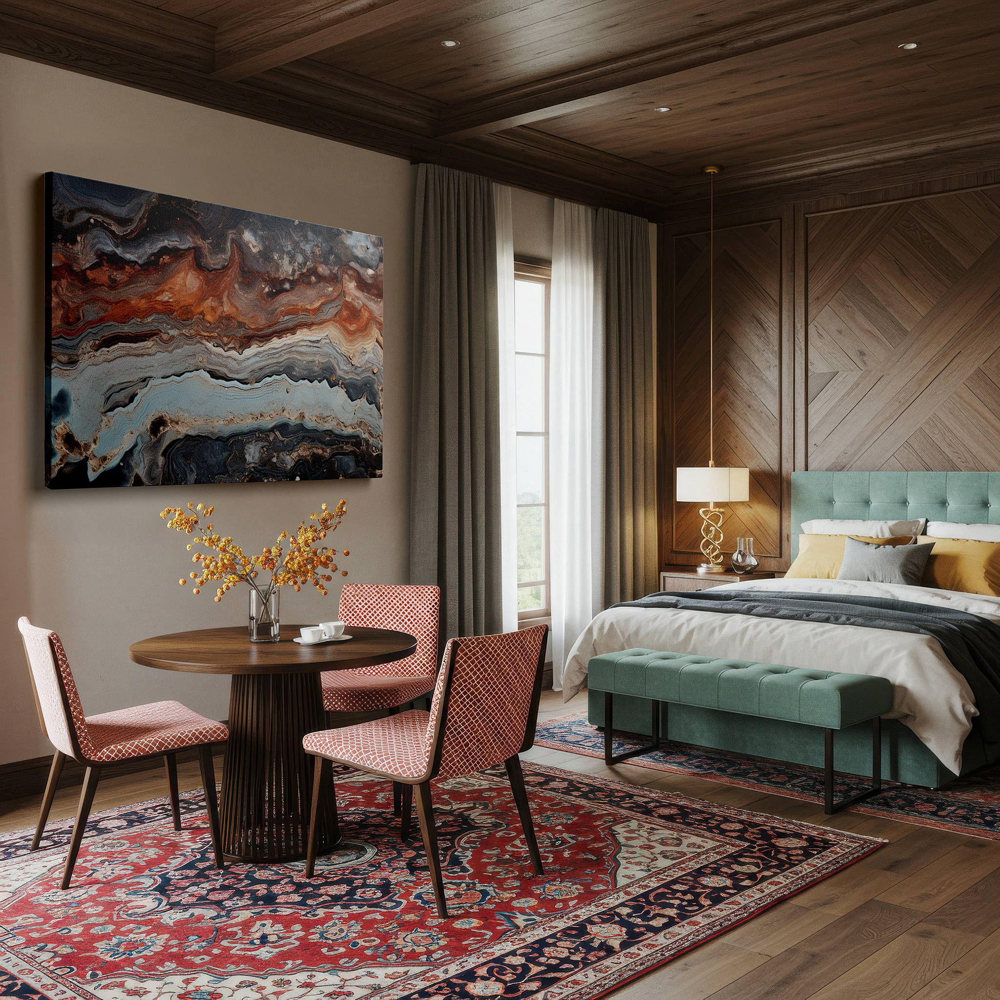 Set in a minimalist interior with textured walls and soft rugs — abstract harmony in earthy tones and textured patterns: large canvas wall art for office, bedroom, and living room decor