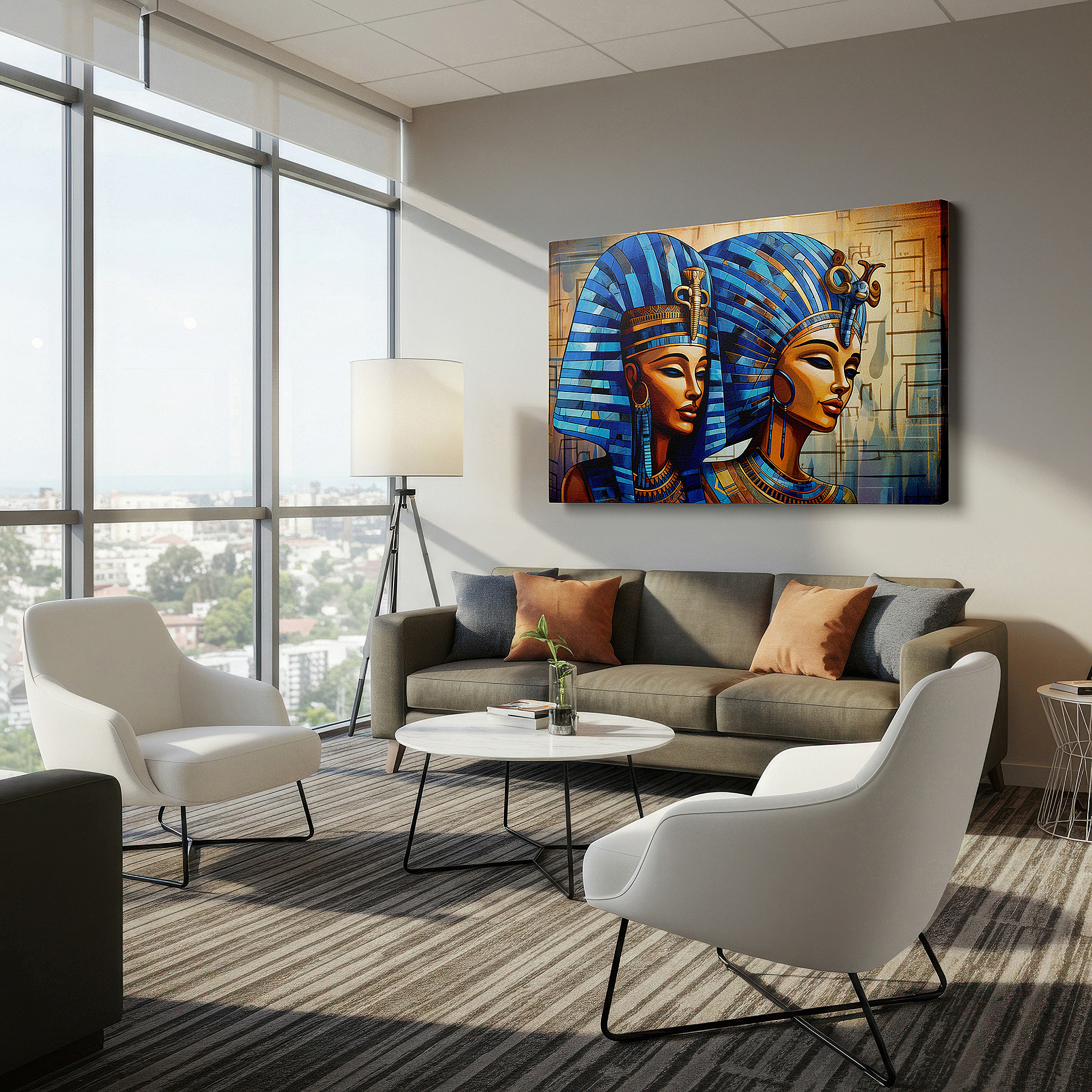 Set in a minimalist interior with textured walls and soft rugs — ancient egyptian queens in blue headdresses and gold jewelry large wall art, canvas wall art, wall decor for office