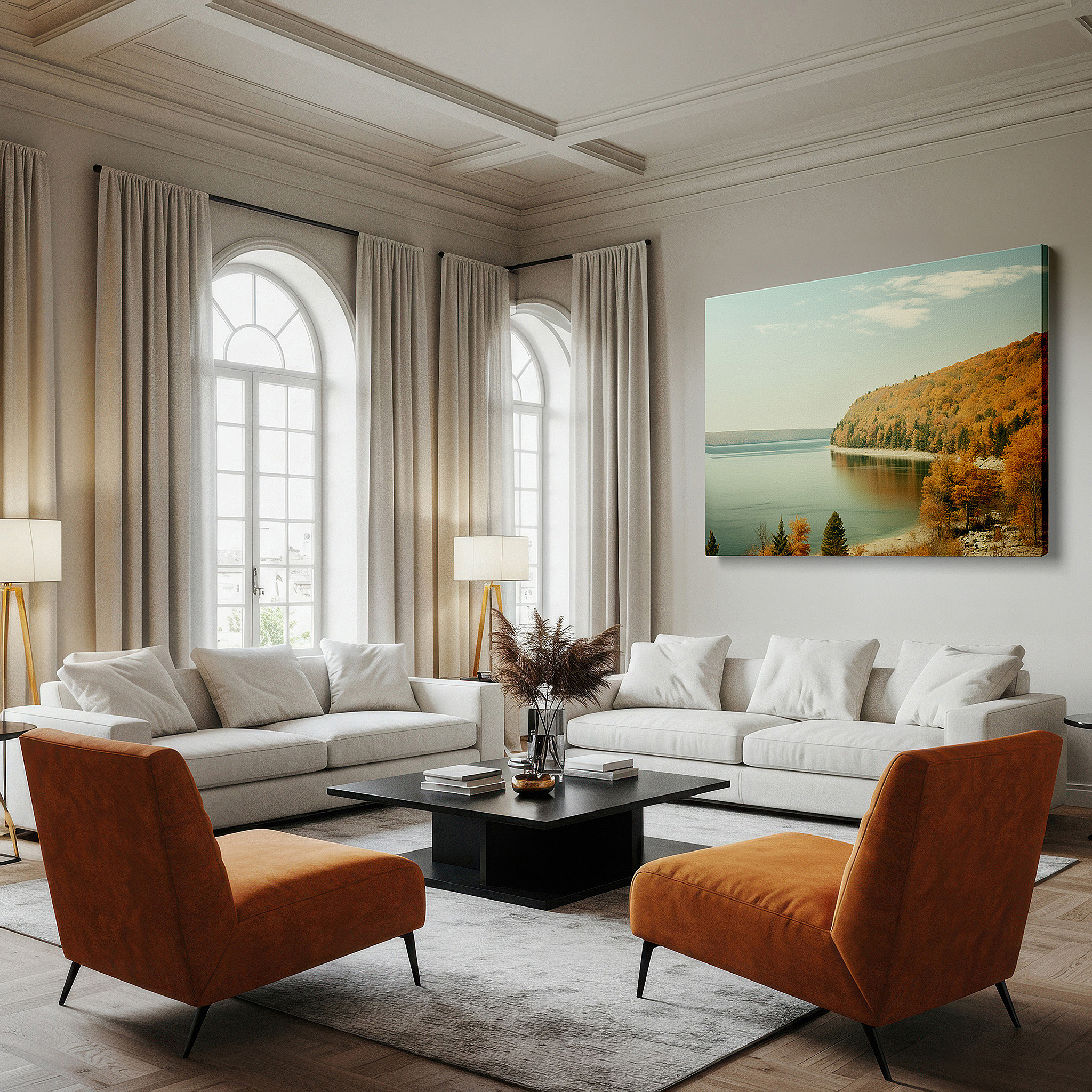 Set in a minimalist interior with textured walls and soft rugs — autumn reflections by the lake: serene nature's palette large wall art, canvas decor for office and bedroom