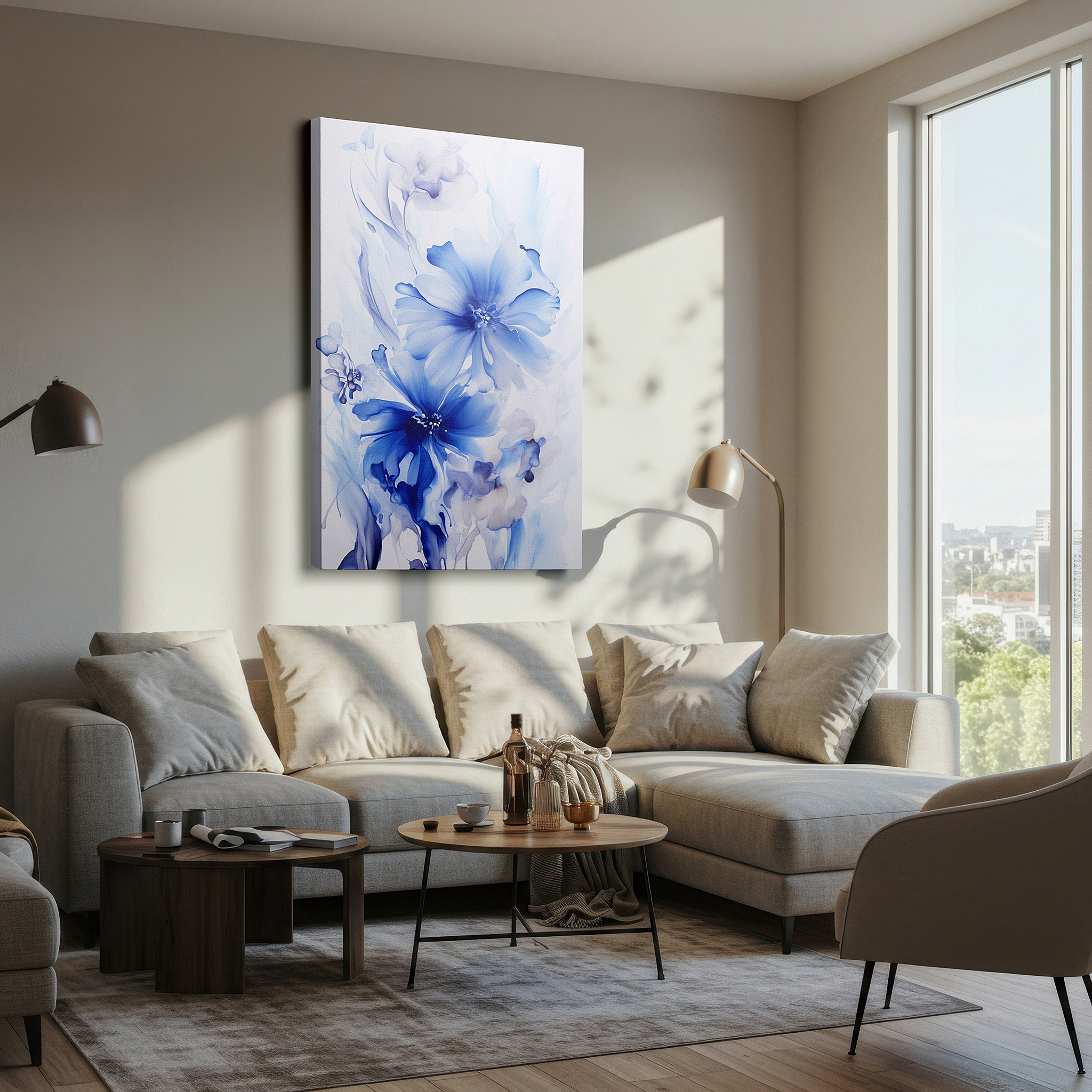 Set in a minimalist interior with textured walls and soft rugs — azure blossoms dance - serene blue flowers in motion large wall art, canvas wall art, wall decor for office and bedroom
