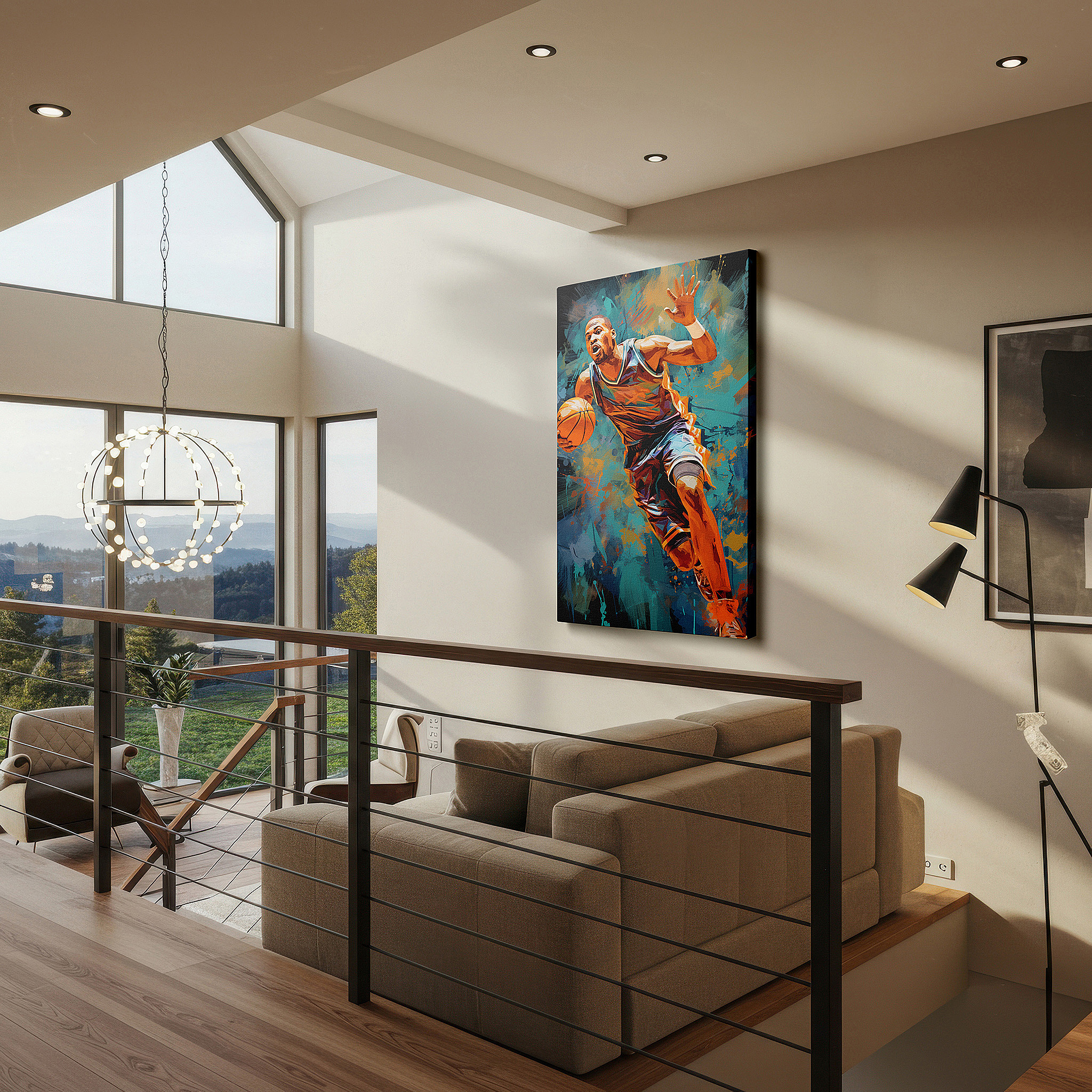 Set in a minimalist interior with textured walls and soft rugs — basketball action wall art: capturing the vibrant energy and athletic skill - ideal for large spaces, canvas prints, home and office decor