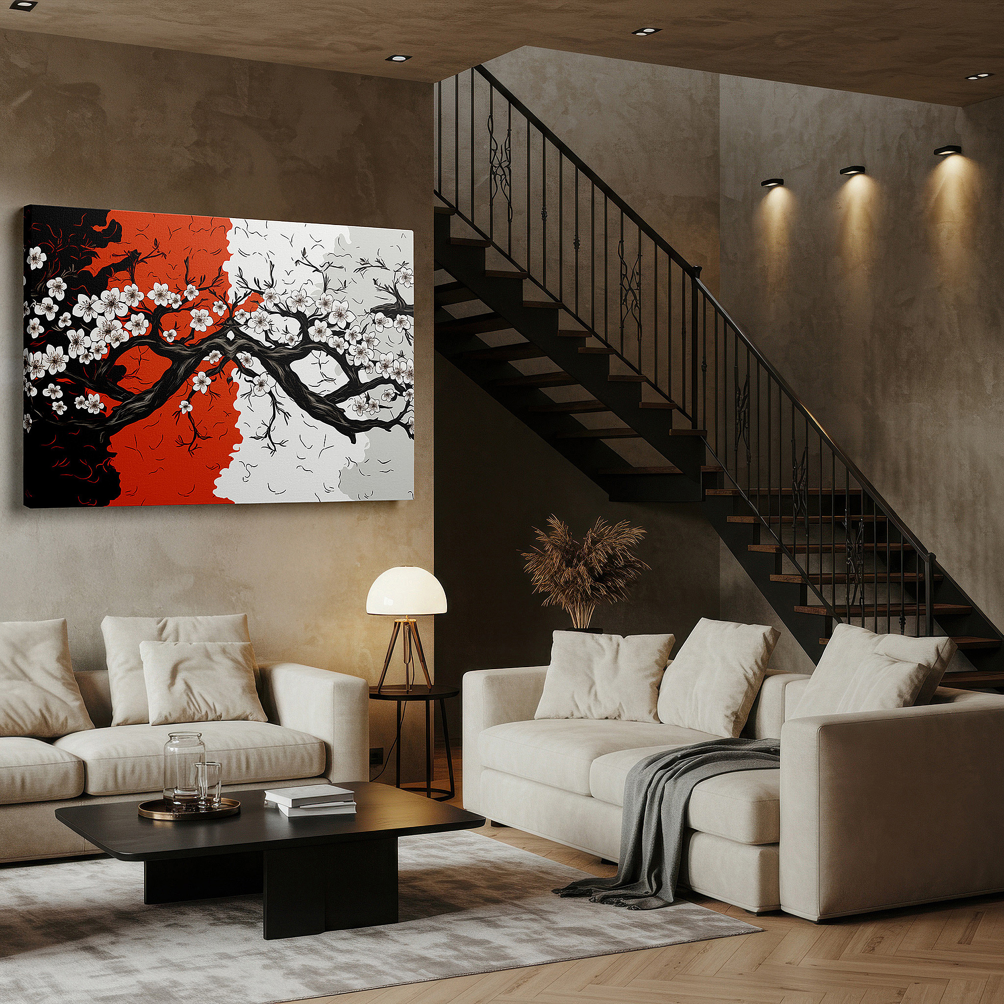 Set in a minimalist interior with textured walls and soft rugs — black, red, and white symphony: large wall art canvas featuring floral designs that evoke strength, serenity, and harmonious duality